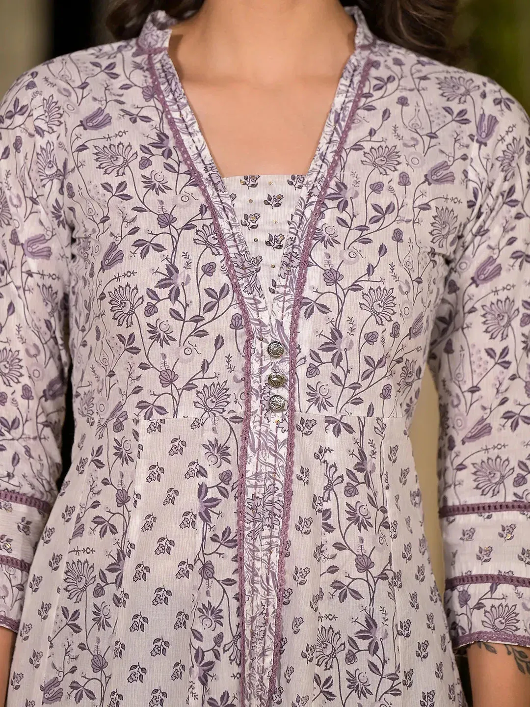 Purple Floral Print Kantha Work A-Line Dress