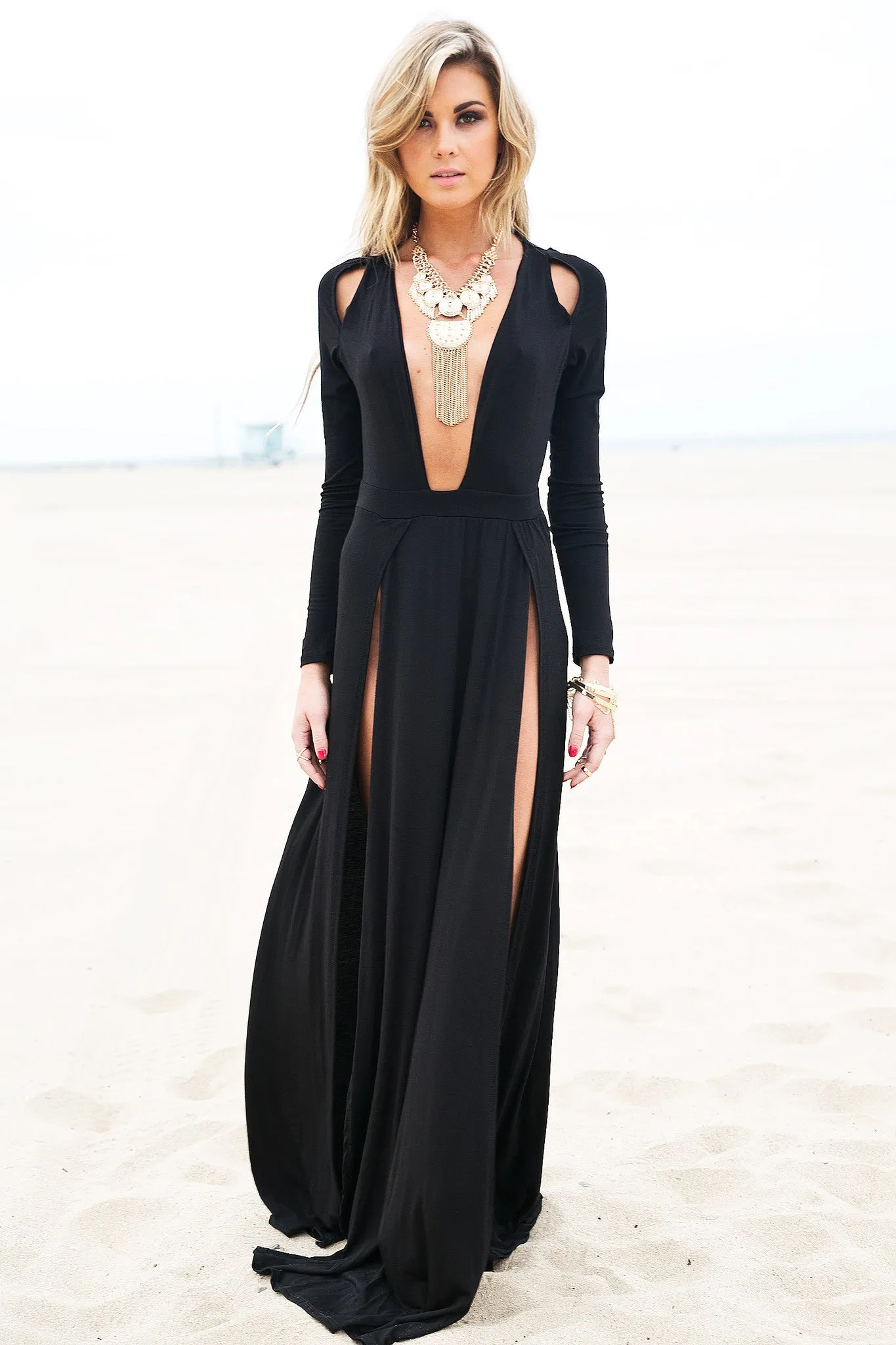 Raya High-Slit Deep-V Maxi Dress - Black