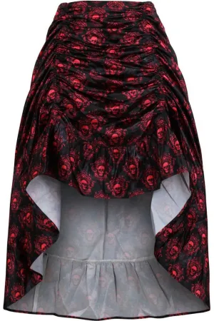 Red & Black Skull Satin Adjustable High Low Skirt