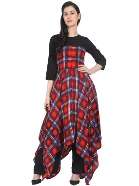 Red Check 3/4Th Sleeve Cotton Asymetric Maxi Dress