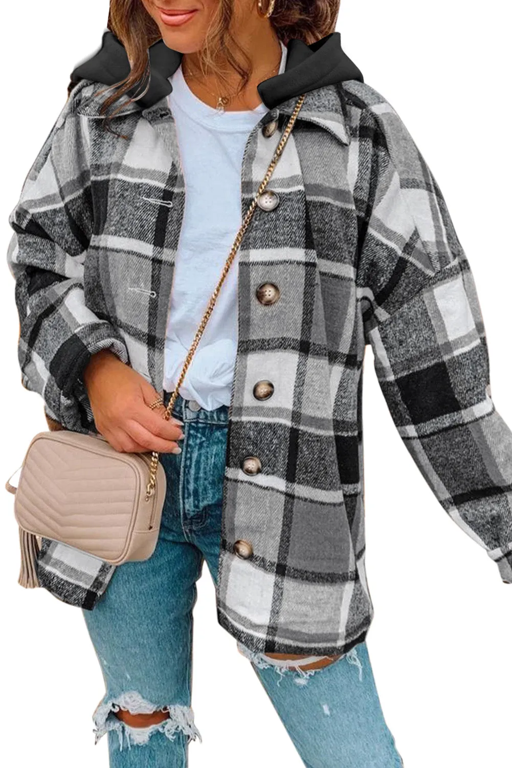 Red Plaid Button Front Hooded Shacket