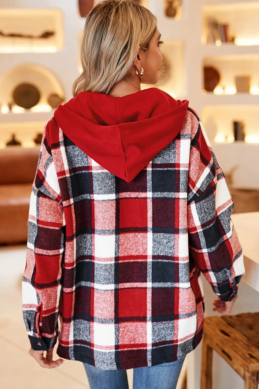 Red Plaid Button Front Hooded Shacket