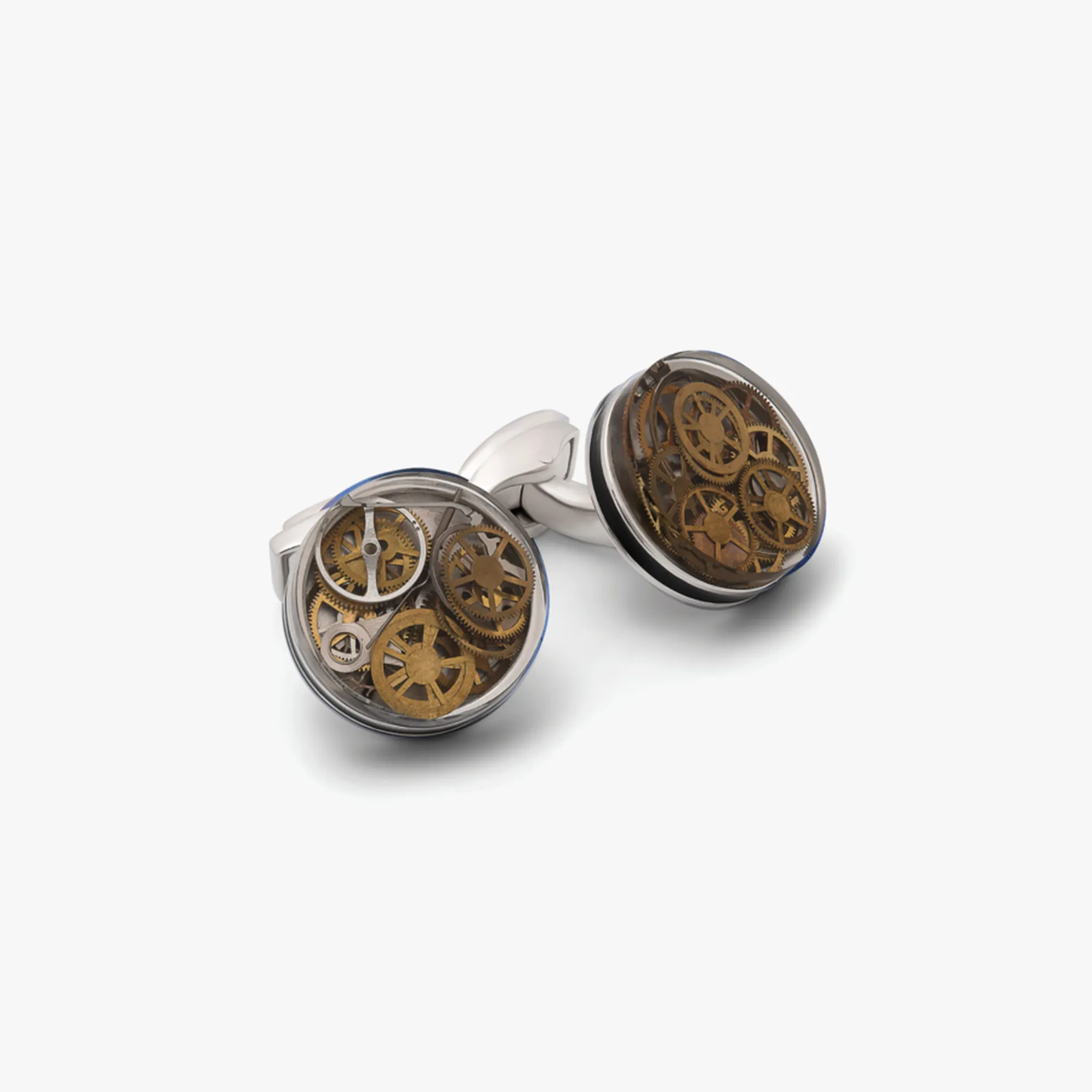 Resin Gear cufflinks in Clear with Rhodium Finish