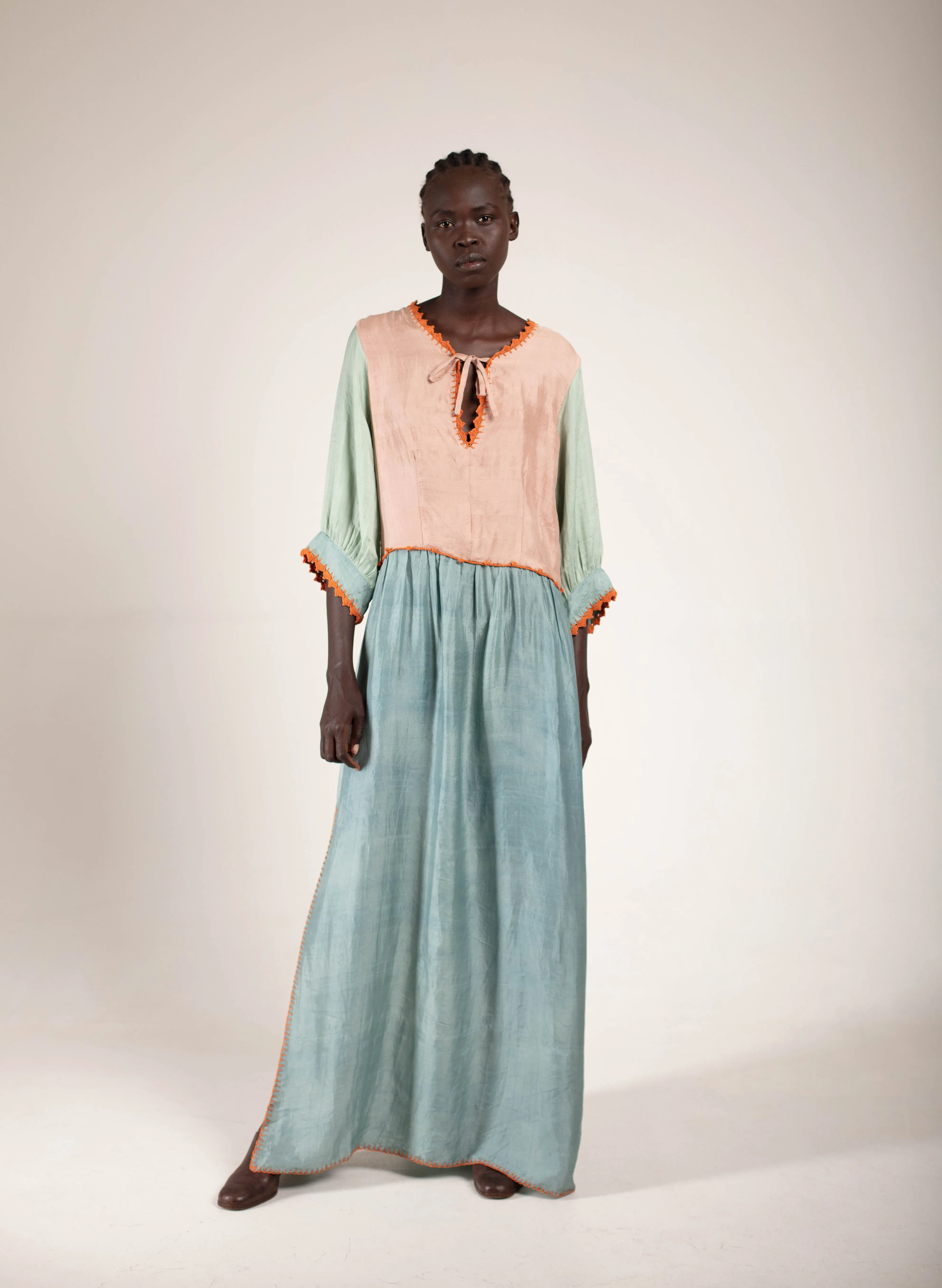 Sage & dusty Pink Silk Maxi dress