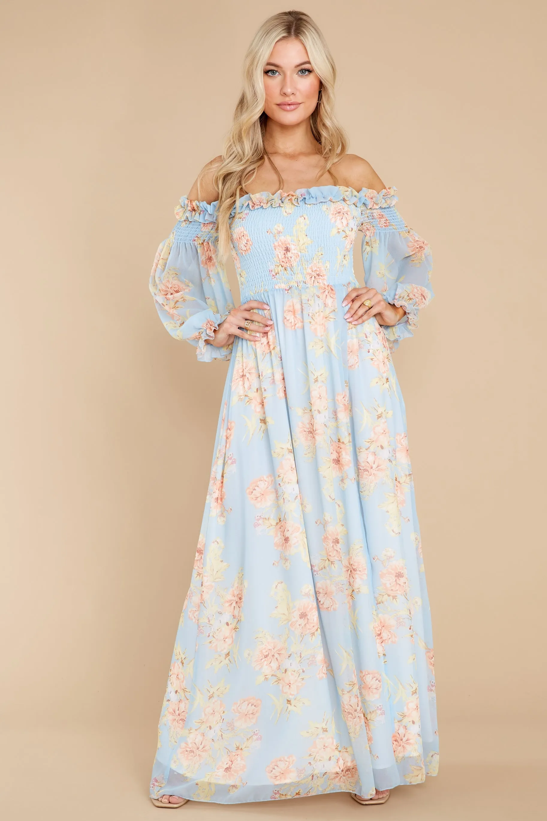 See You Looking Light Blue Floral Print Maxi Dress