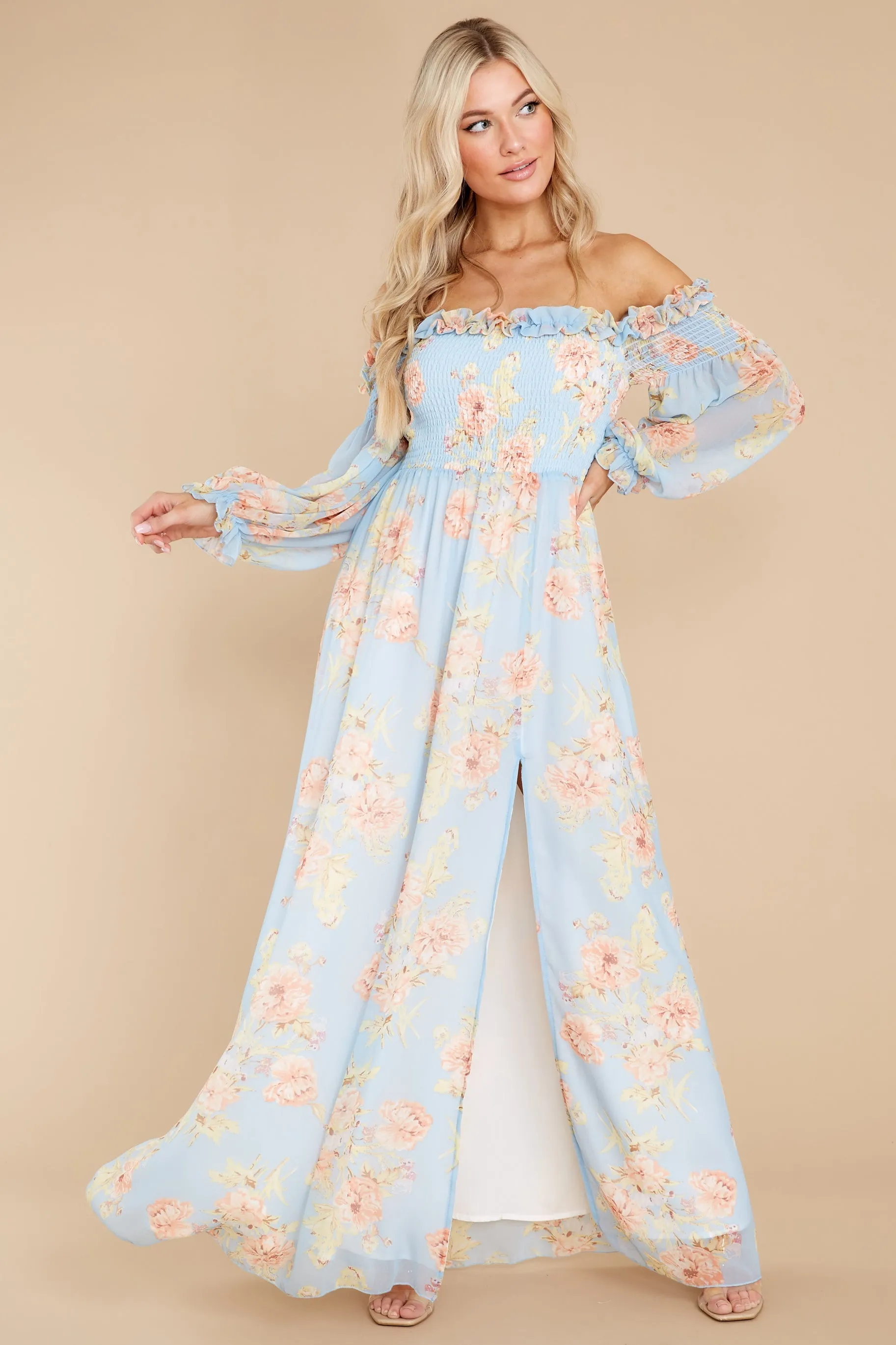 See You Looking Light Blue Floral Print Maxi Dress