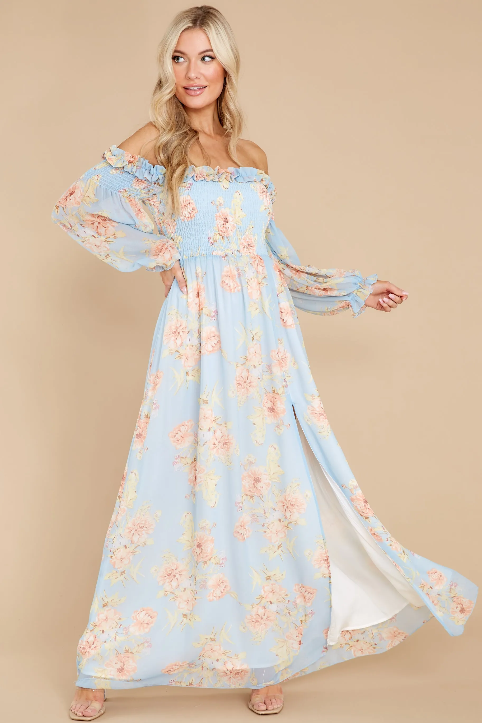 See You Looking Light Blue Floral Print Maxi Dress