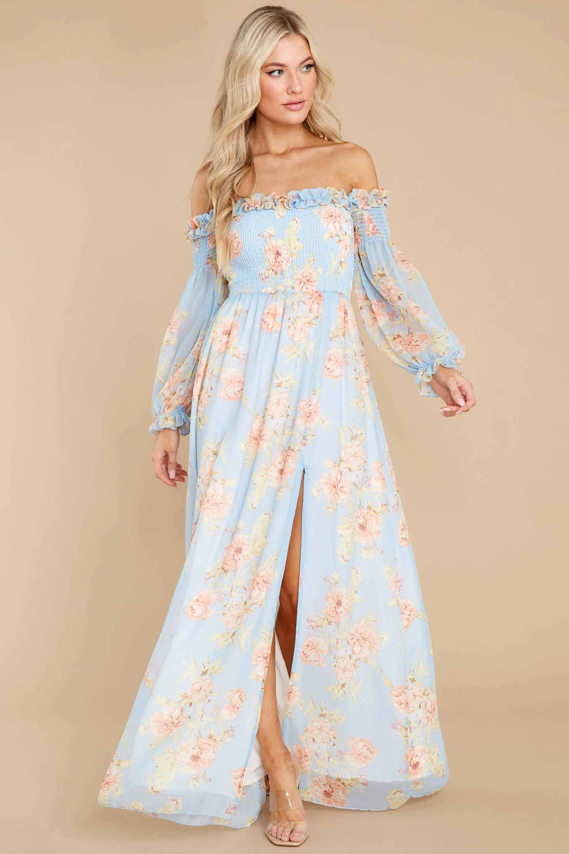 See You Looking Light Blue Floral Print Maxi Dress