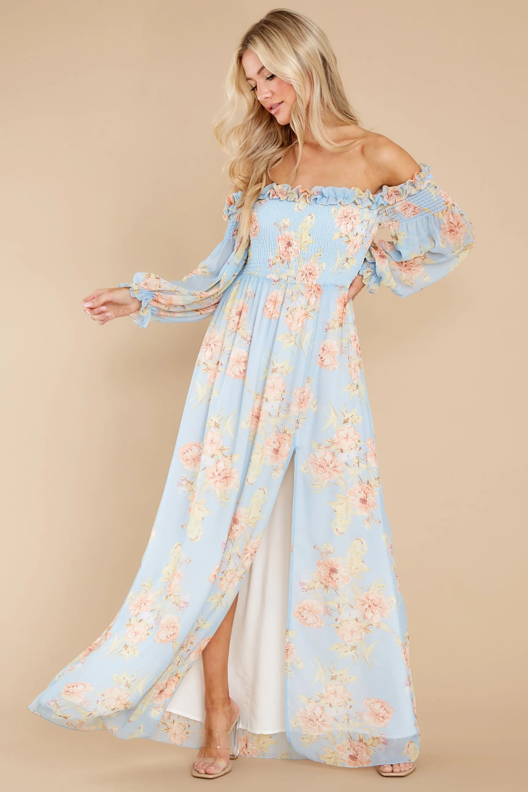 See You Looking Light Blue Floral Print Maxi Dress