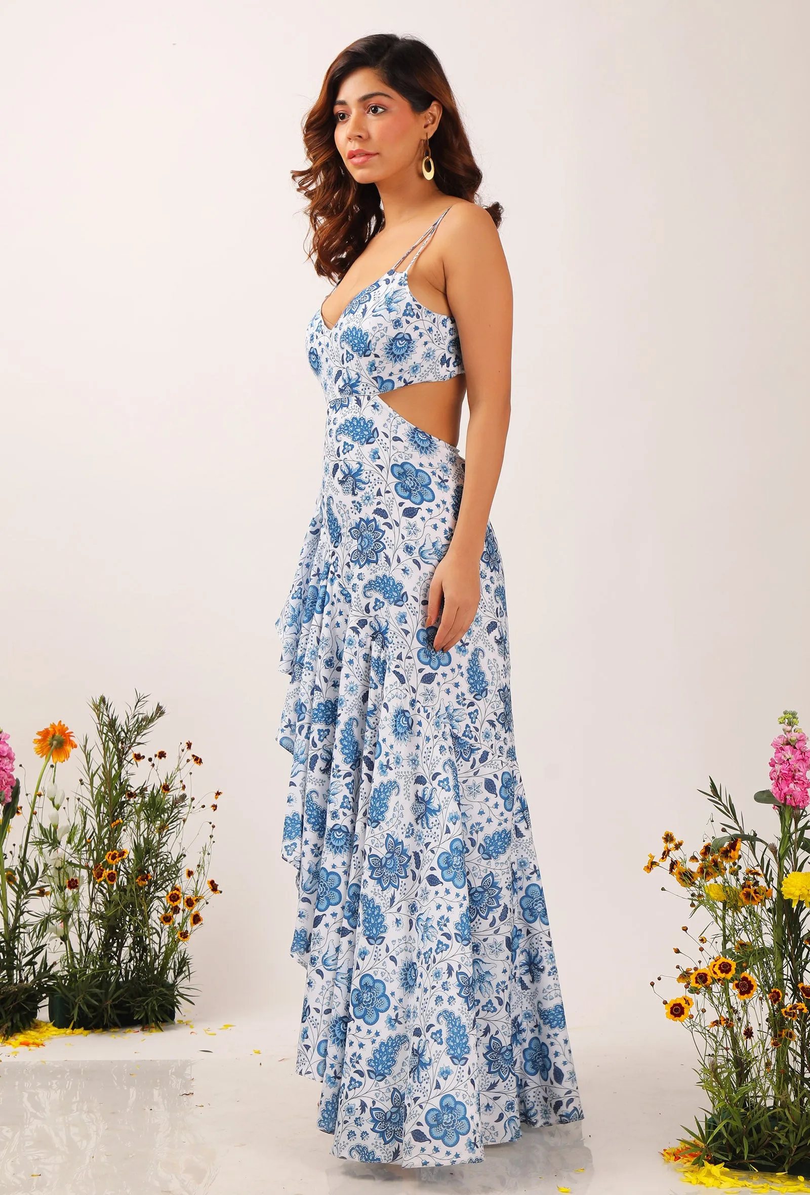 Serena Floral Chintz Fuffled Slitted Long Backless Dress