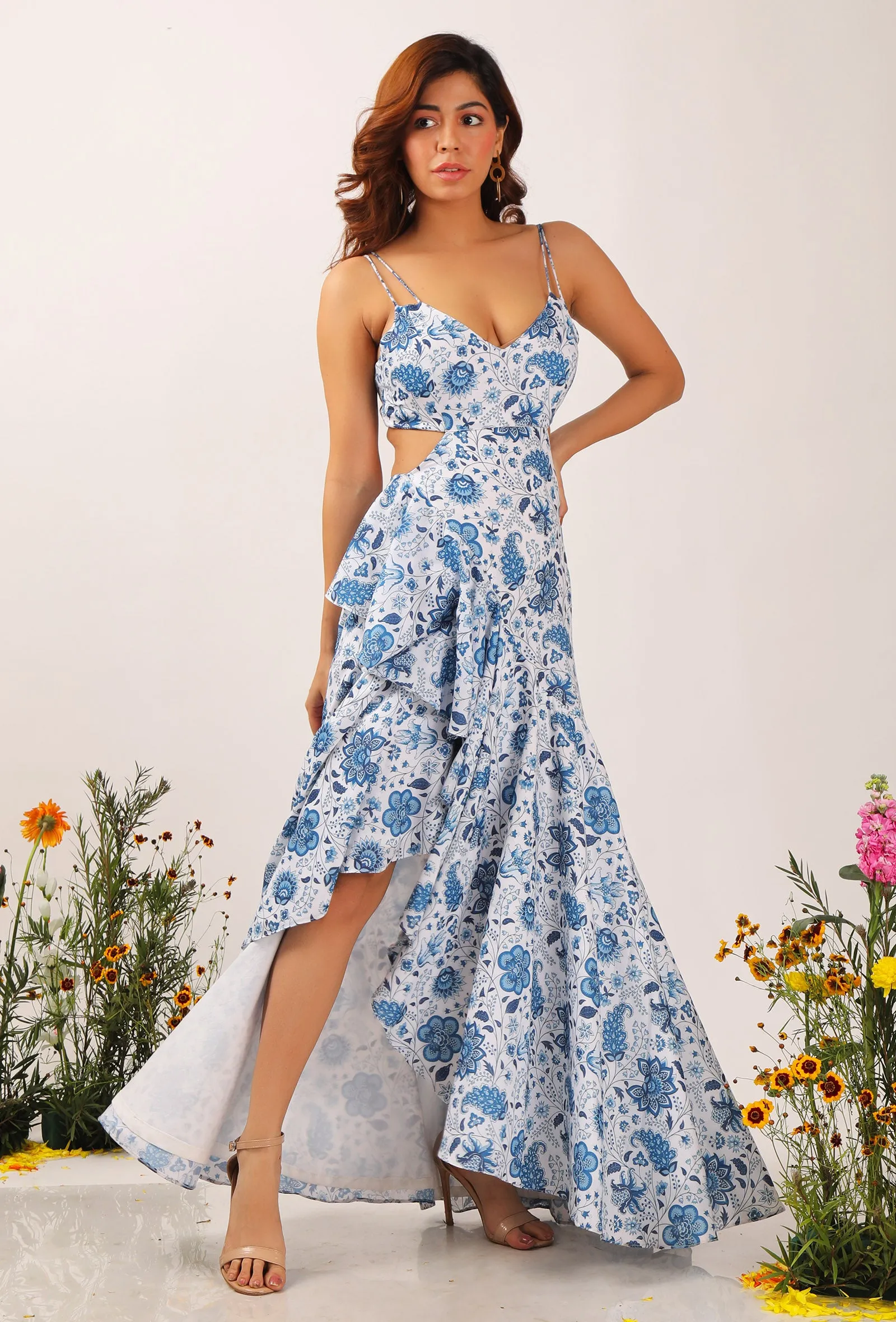 Serena Floral Chintz Fuffled Slitted Long Backless Dress