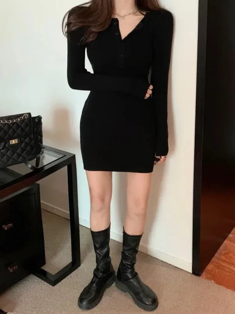 Sexy Knit Black Bodycon Dress Women Knitted Office Ladies Wrap Slim Sheath Short Dresses Party Evening Autumn Fashion