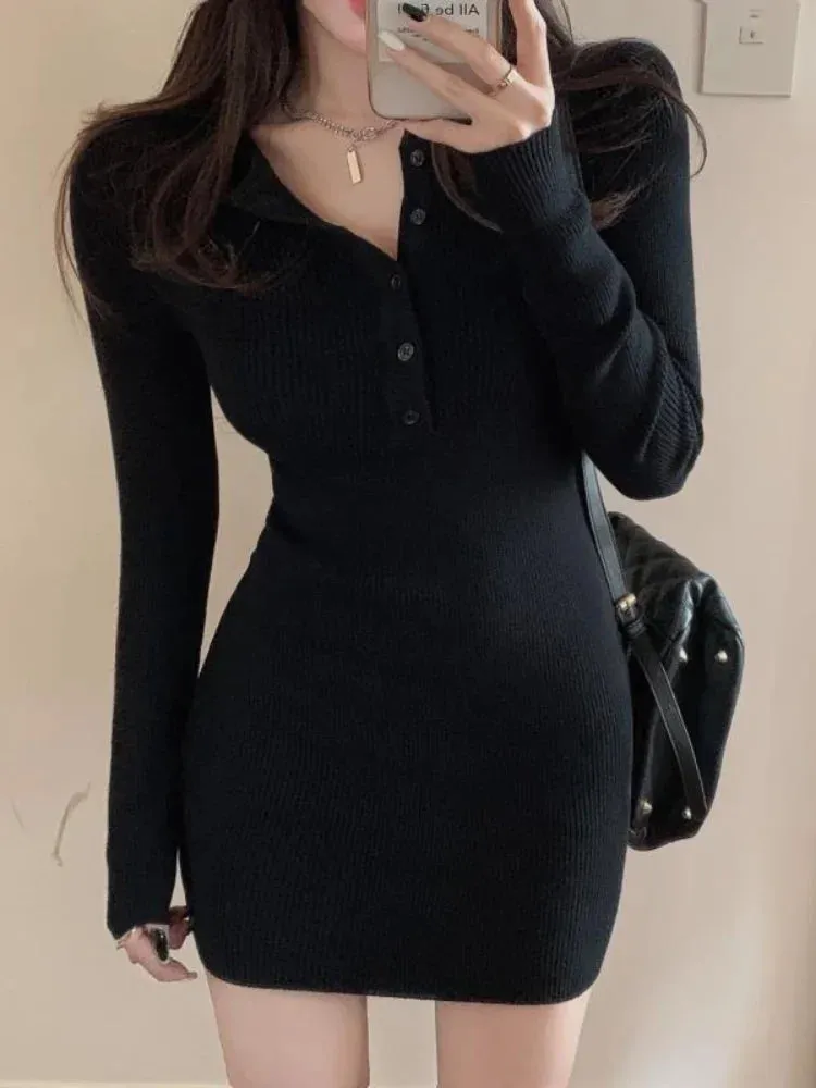 Sexy Knit Black Bodycon Dress Women Knitted Office Ladies Wrap Slim Sheath Short Dresses Party Evening Autumn Fashion