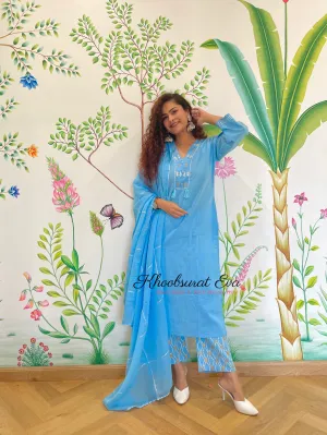 Sky Blue Cotton Gota Kurta with Pants and Dupatta (set of 3)