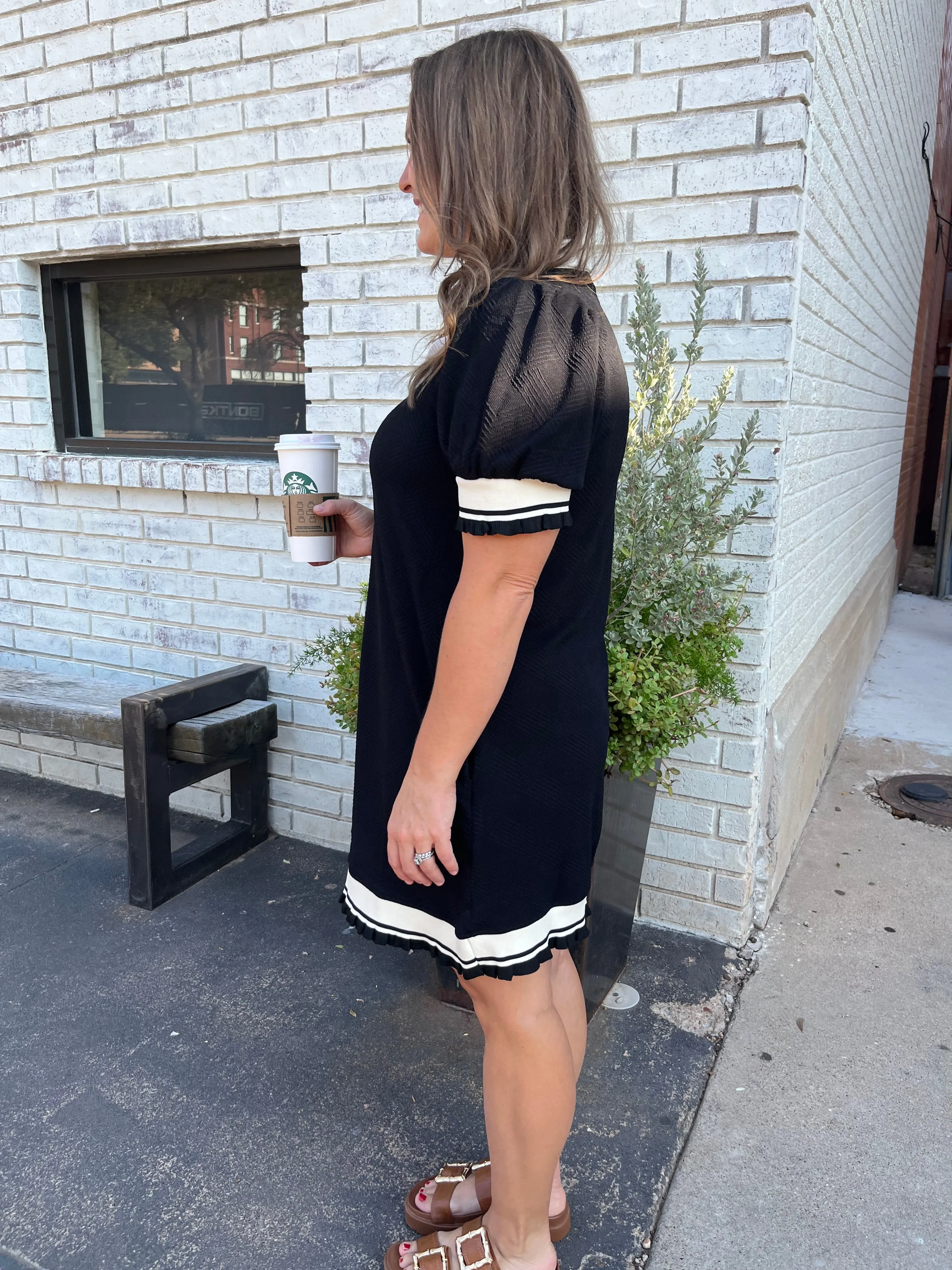 Solid Textured Collared White Trim Dress