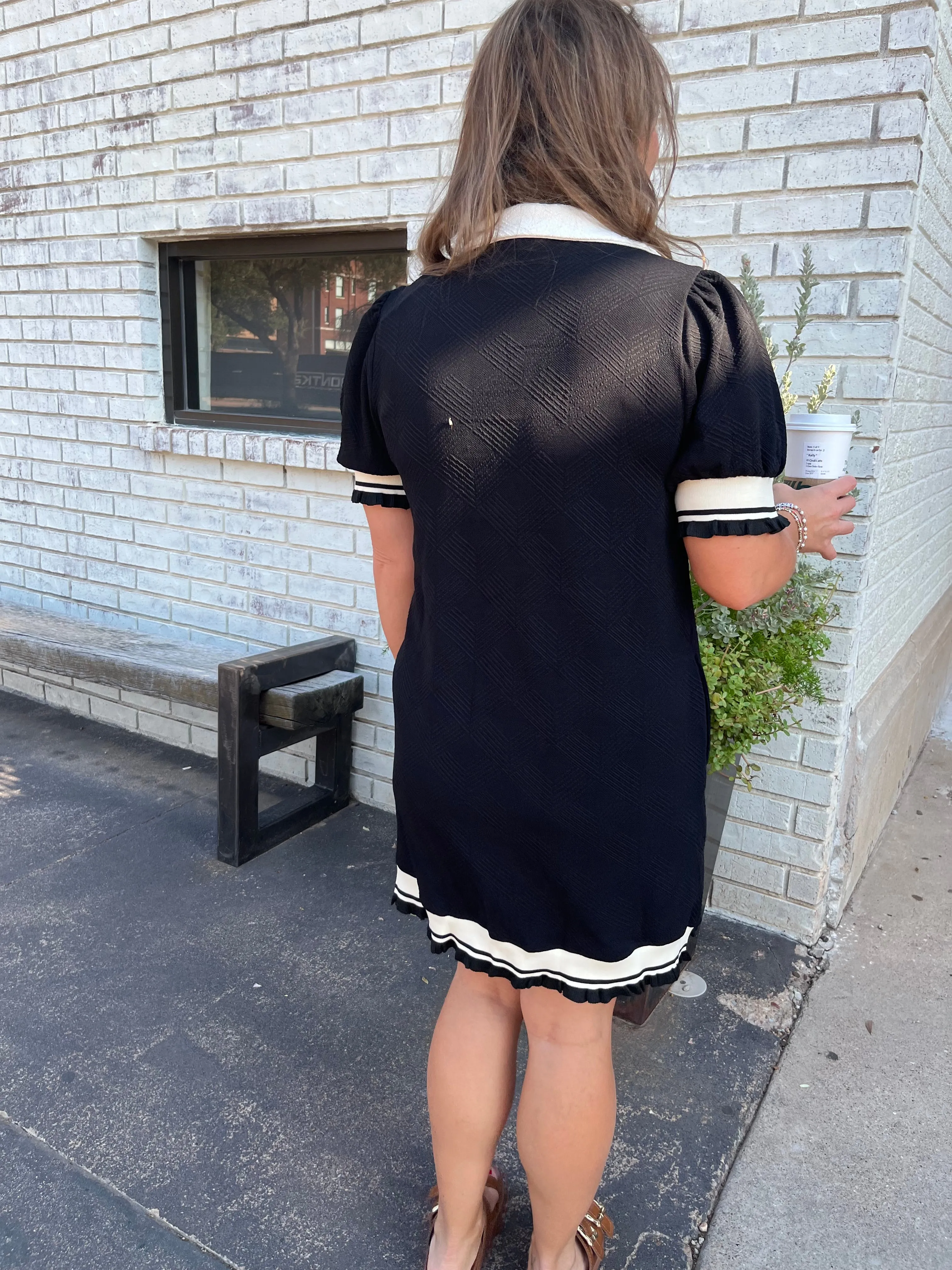 Solid Textured Collared White Trim Dress