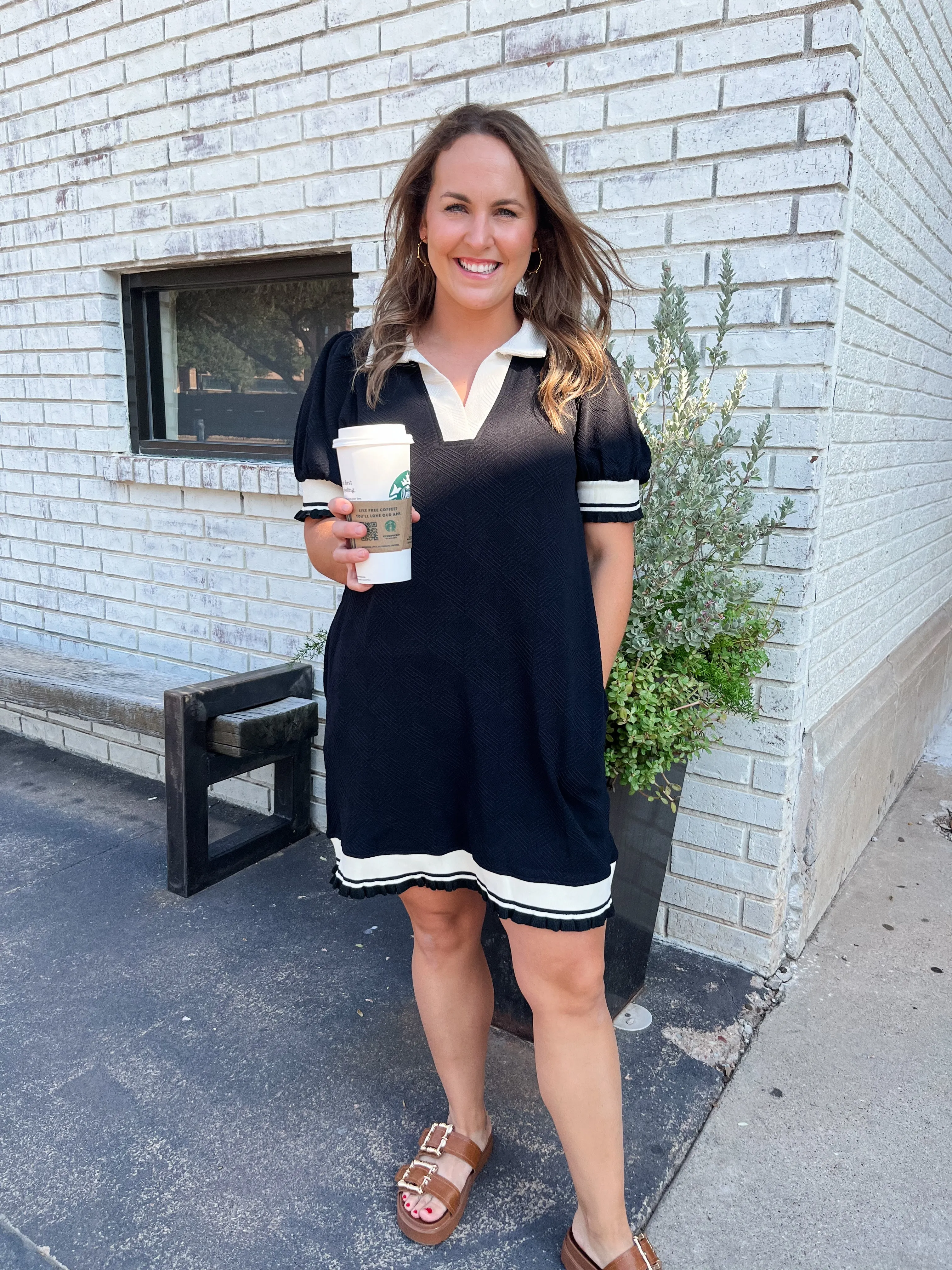 Solid Textured Collared White Trim Dress