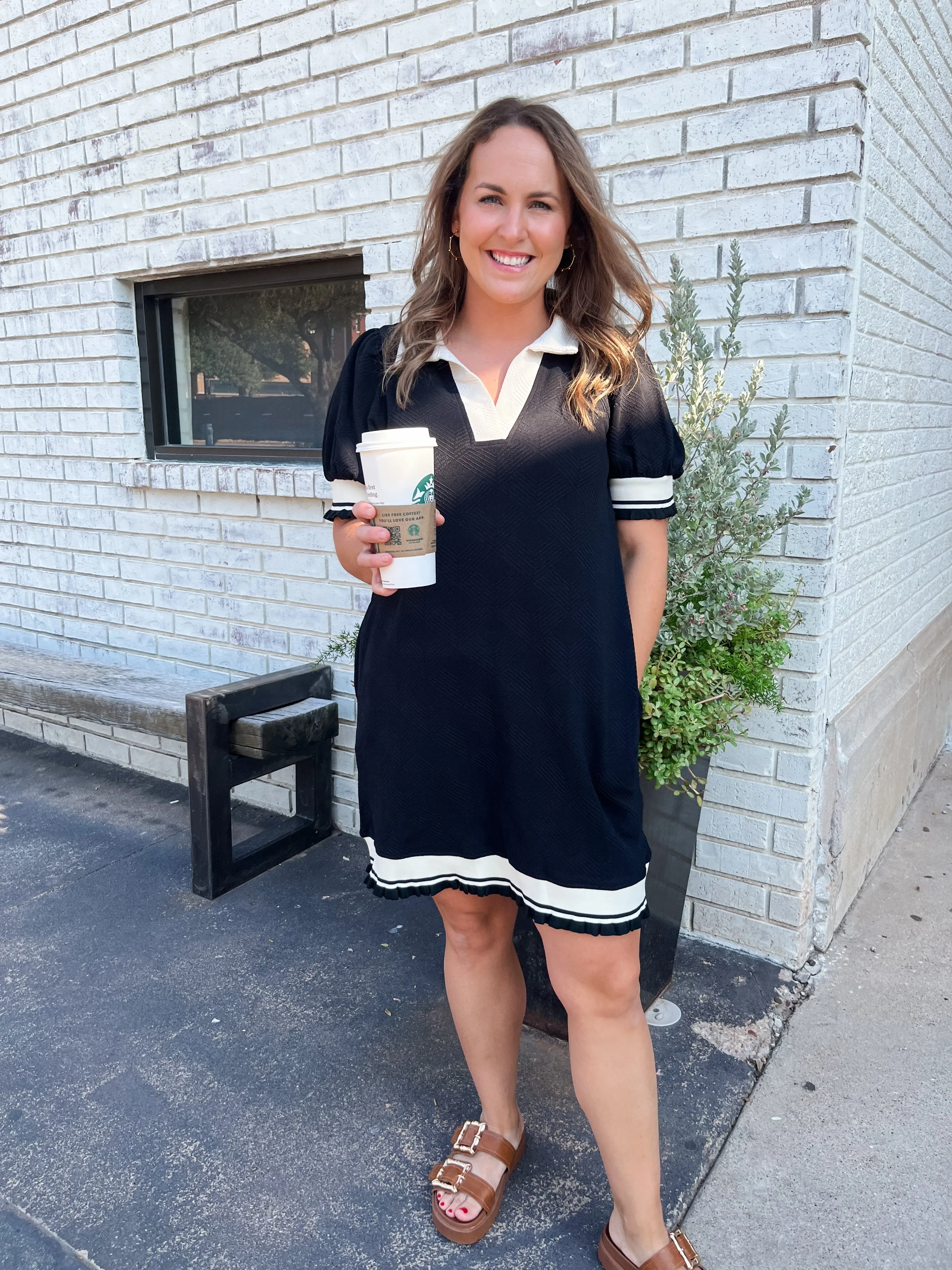 Solid Textured Collared White Trim Dress