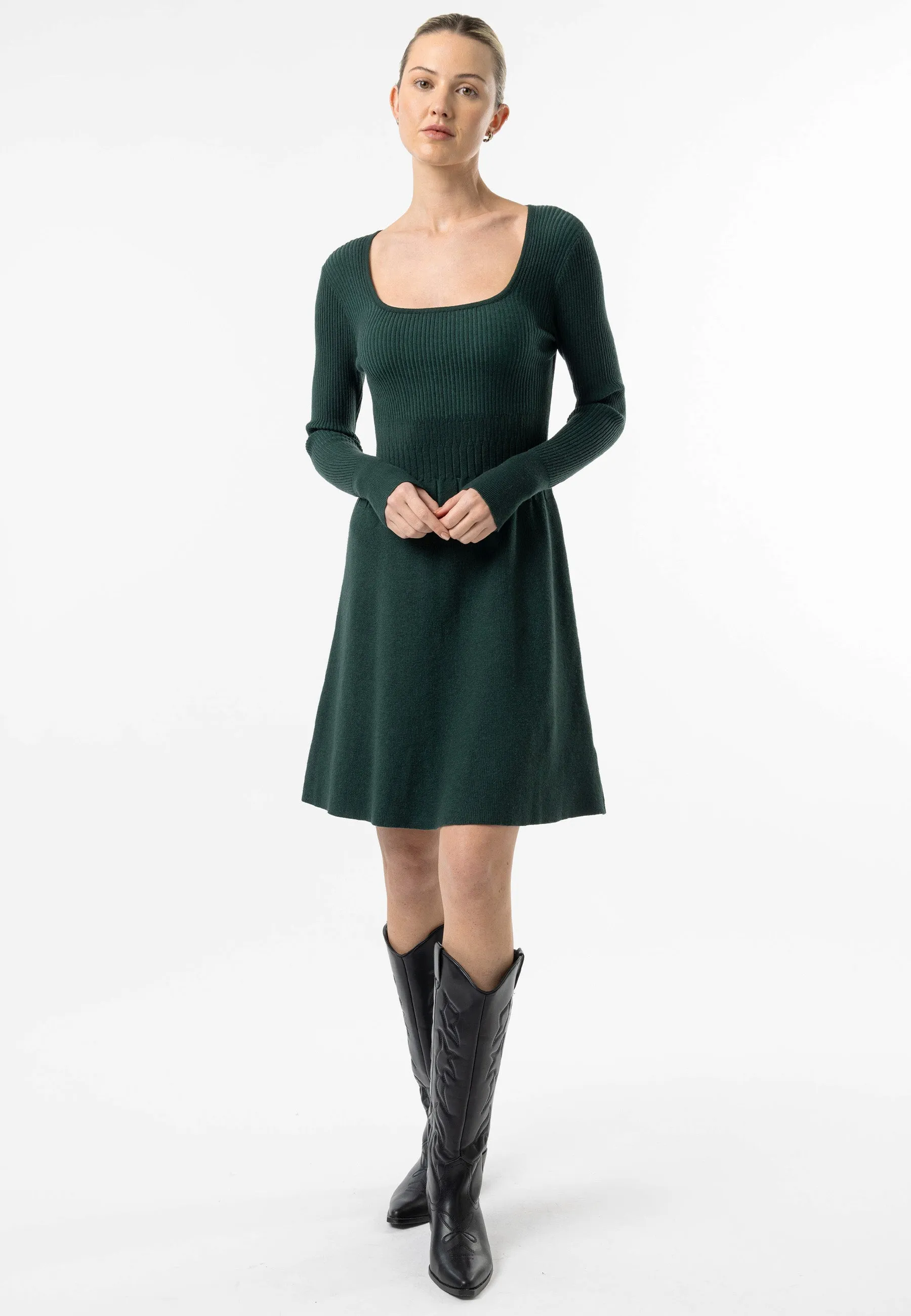 Square Neck A-Line Mini Dress in Emerald Green