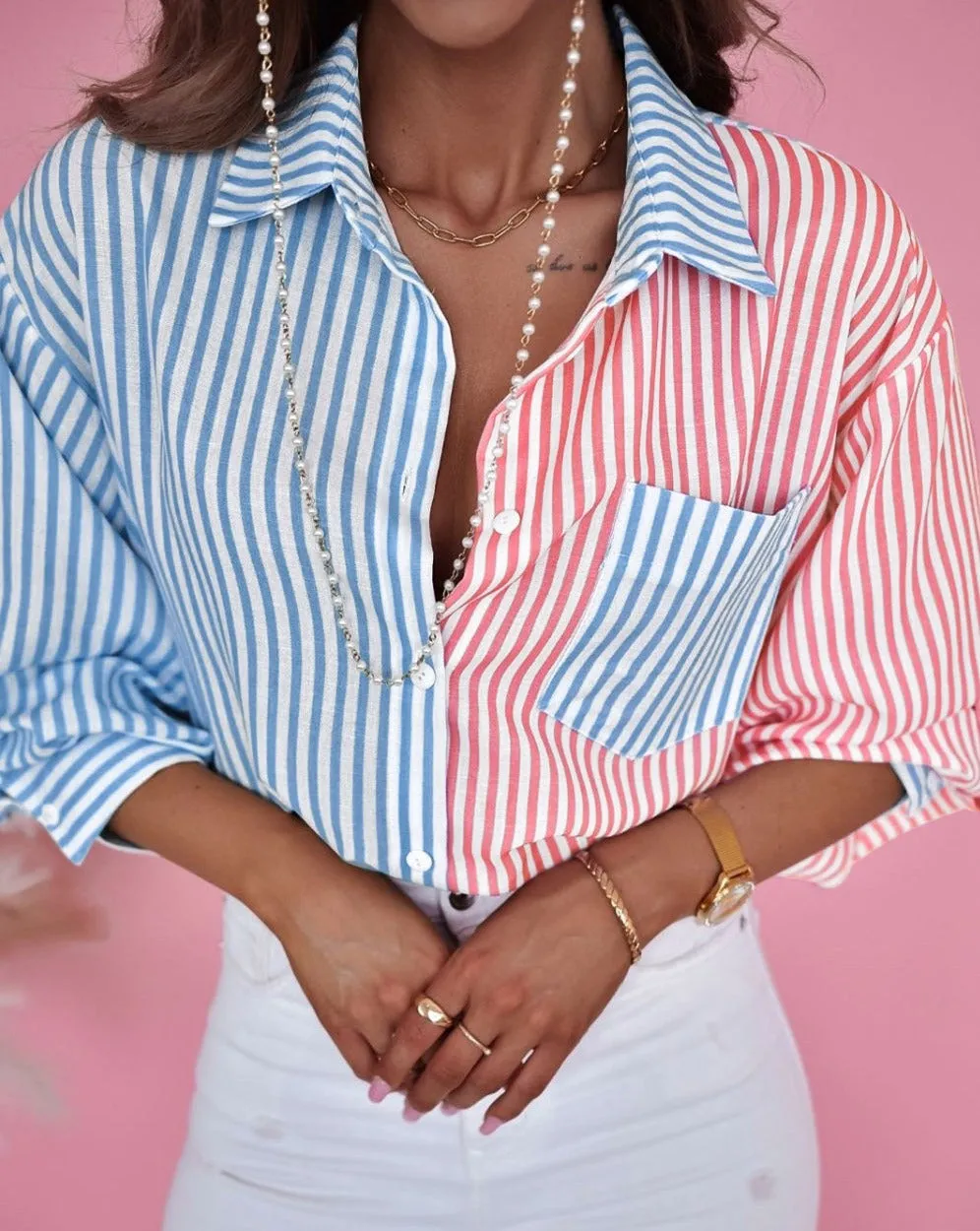 Stripe Colorblock Button Front Shirt