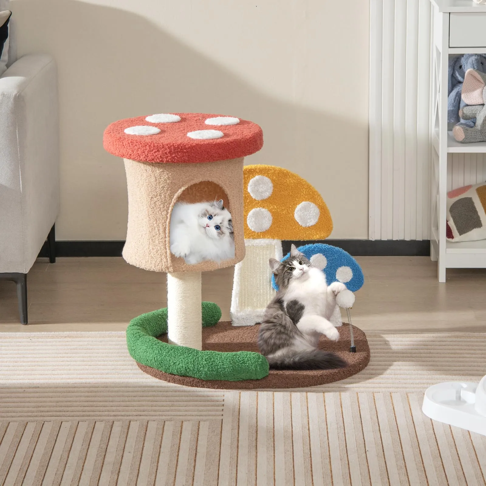 Tangkula 23.5 Inch Mushroom Cat Tree, Cute Cat Tower with Full-Wrapped Sisal Post, Scratching Board & Spring Ball