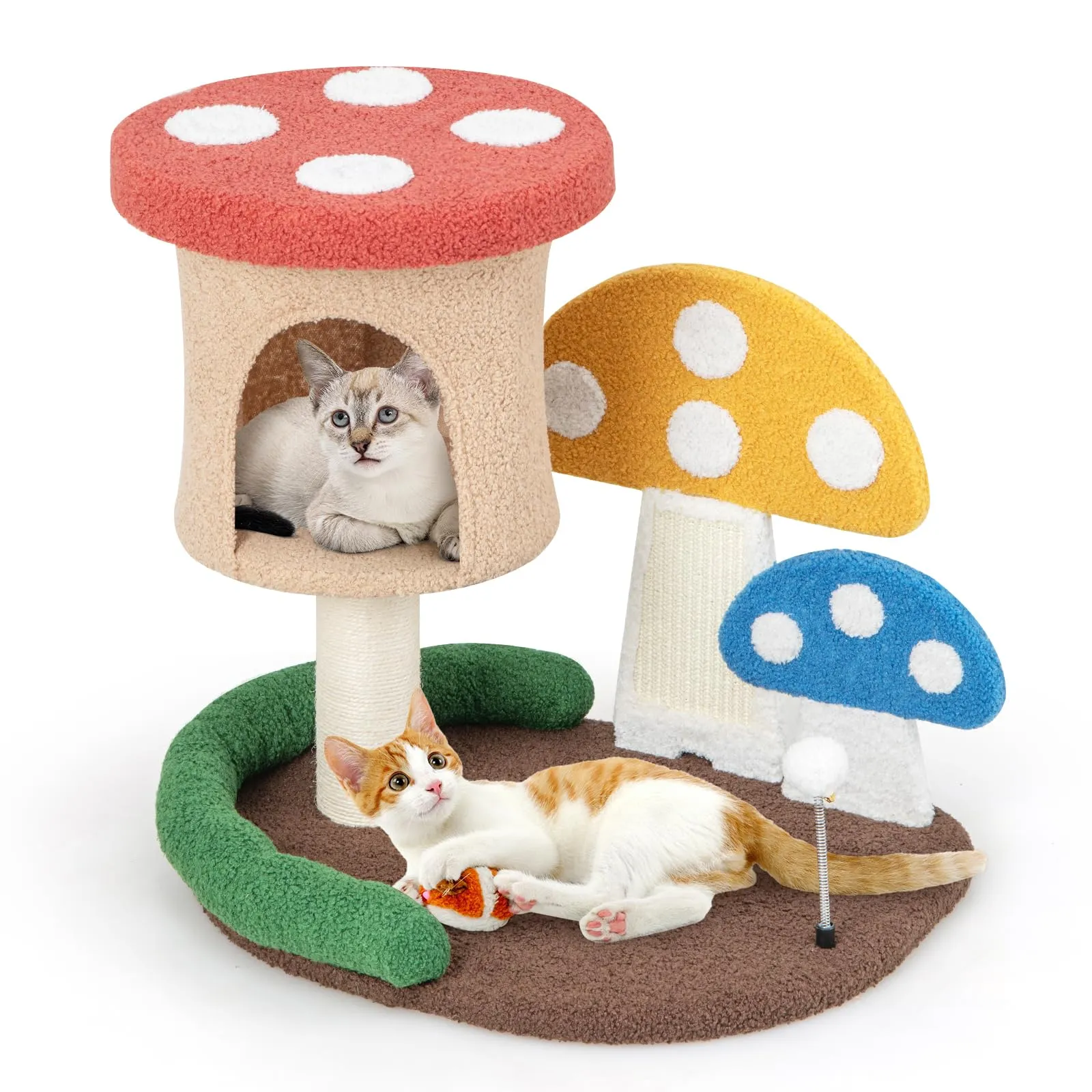 Tangkula 23.5 Inch Mushroom Cat Tree, Cute Cat Tower with Full-Wrapped Sisal Post, Scratching Board & Spring Ball