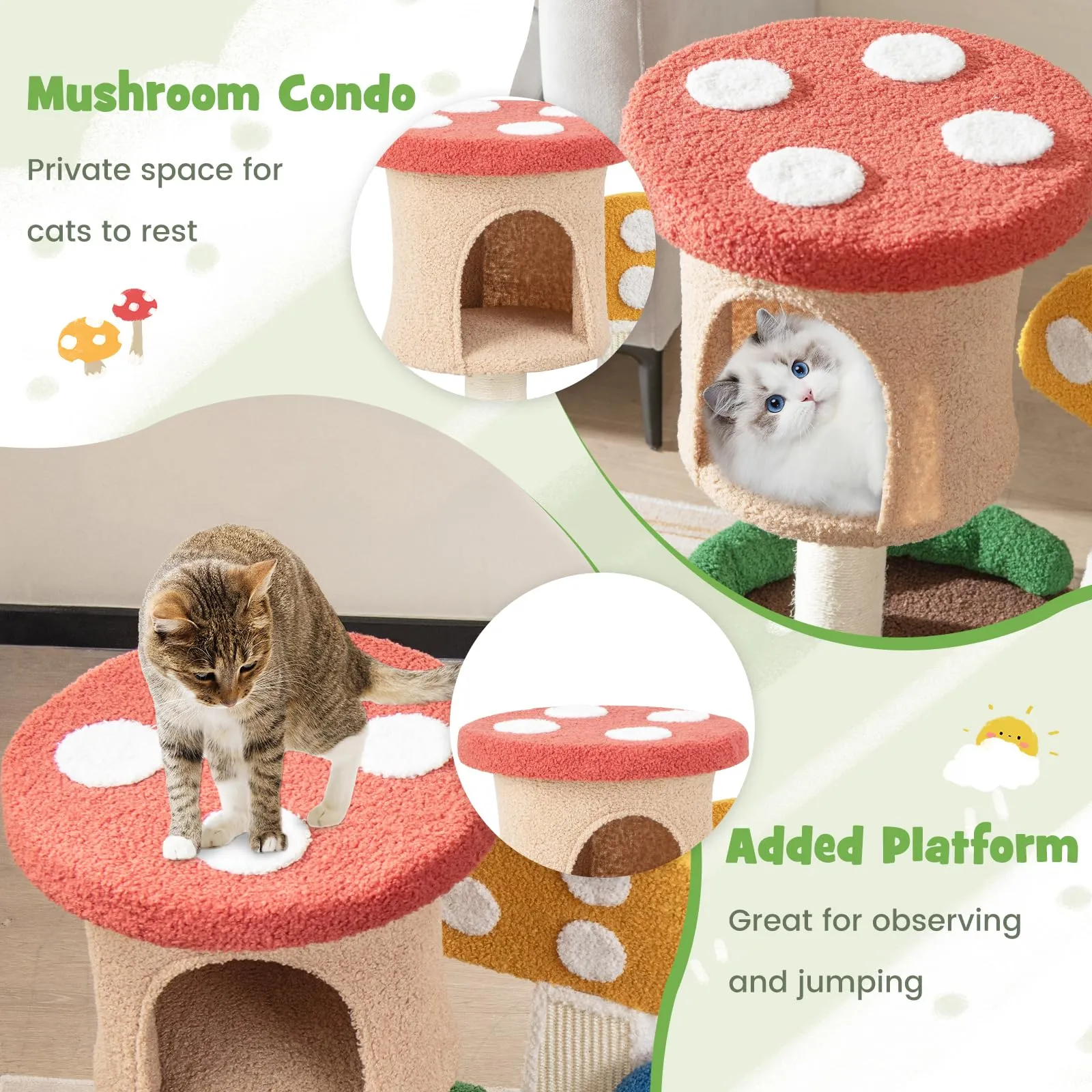 Tangkula 23.5 Inch Mushroom Cat Tree, Cute Cat Tower with Full-Wrapped Sisal Post, Scratching Board & Spring Ball