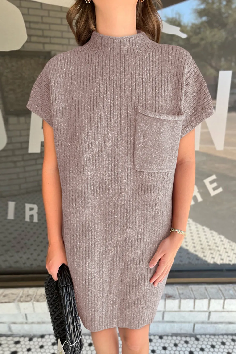 Taupe Patch Pocket Ribbed Knit Short Sleeve Sweater Dress