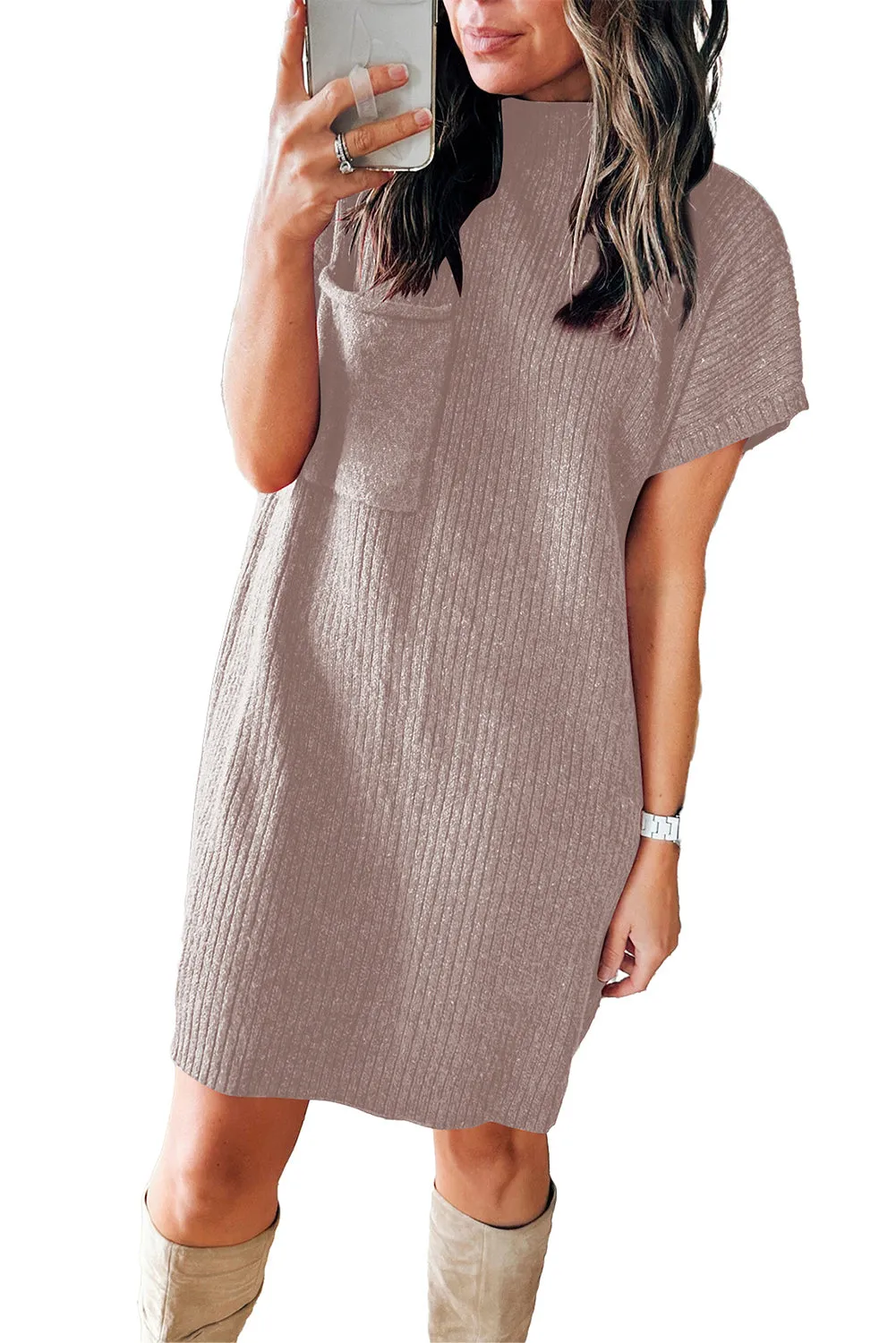 Taupe Patch Pocket Ribbed Knit Short Sleeve Sweater Dress