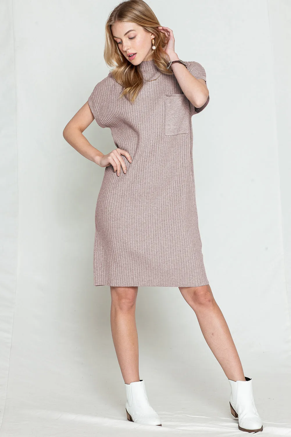 Taupe Patch Pocket Ribbed Knit Short Sleeve Sweater Dress