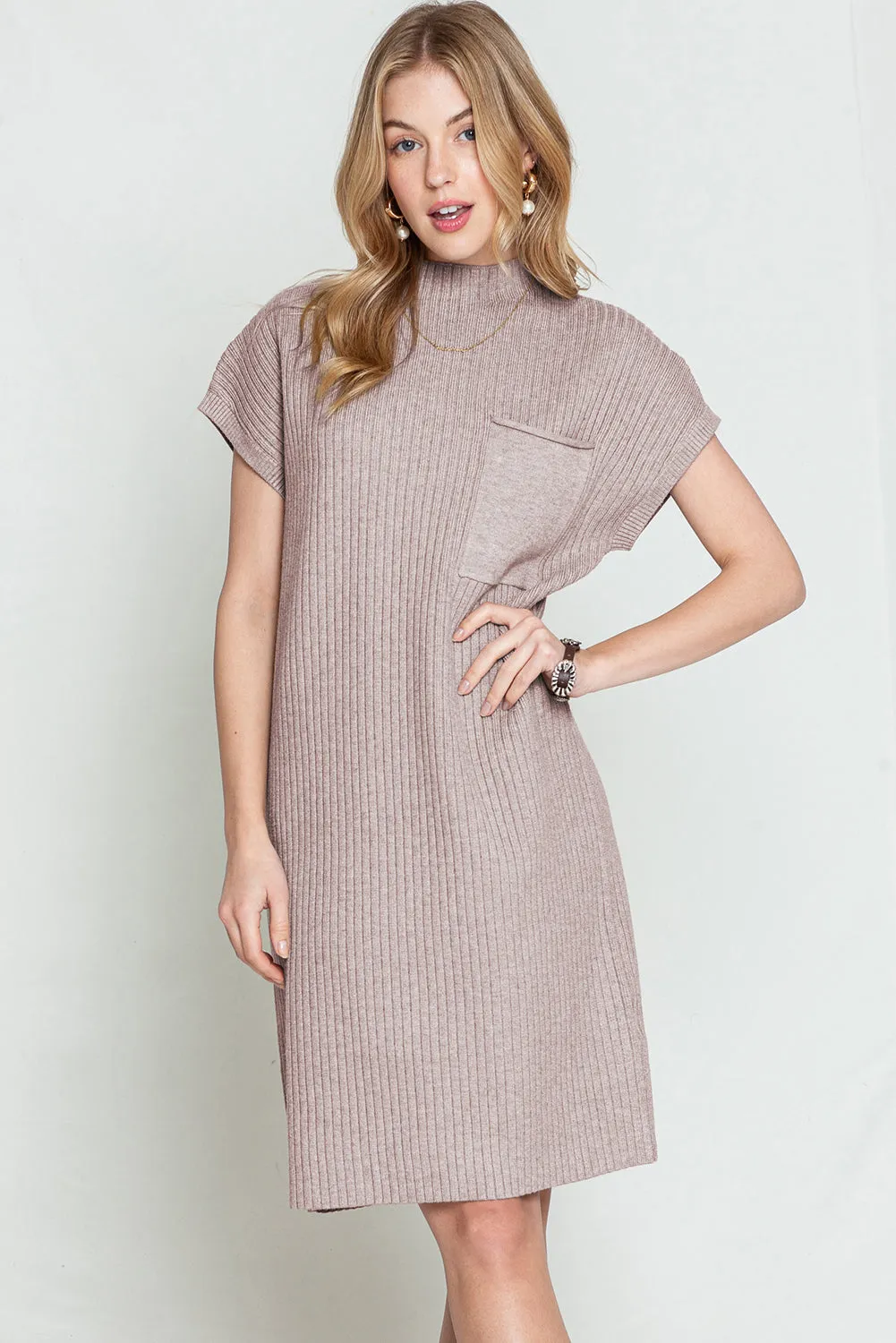 Taupe Patch Pocket Ribbed Knit Short Sleeve Sweater Dress