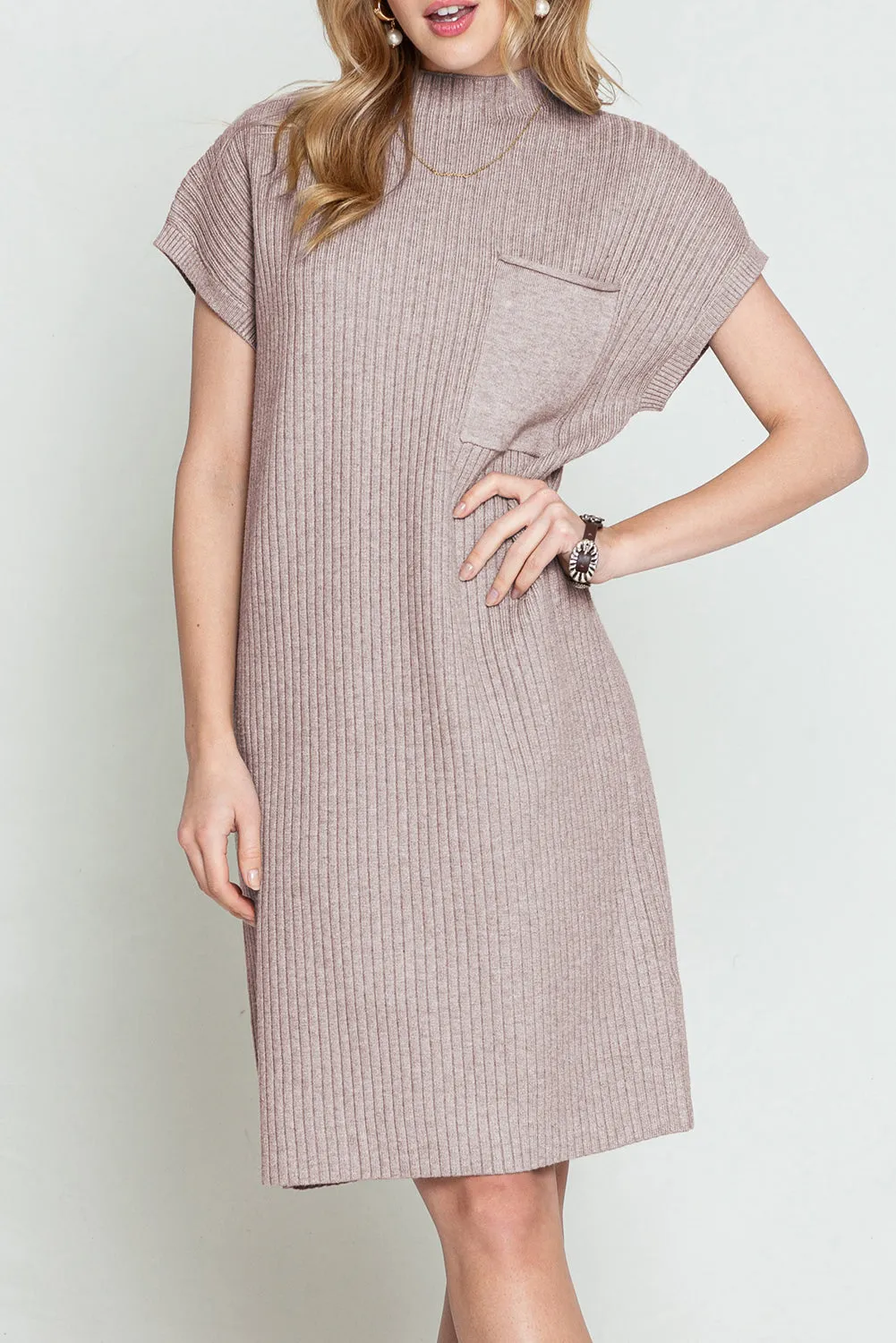 Taupe Patch Pocket Ribbed Knit Short Sleeve Sweater Dress