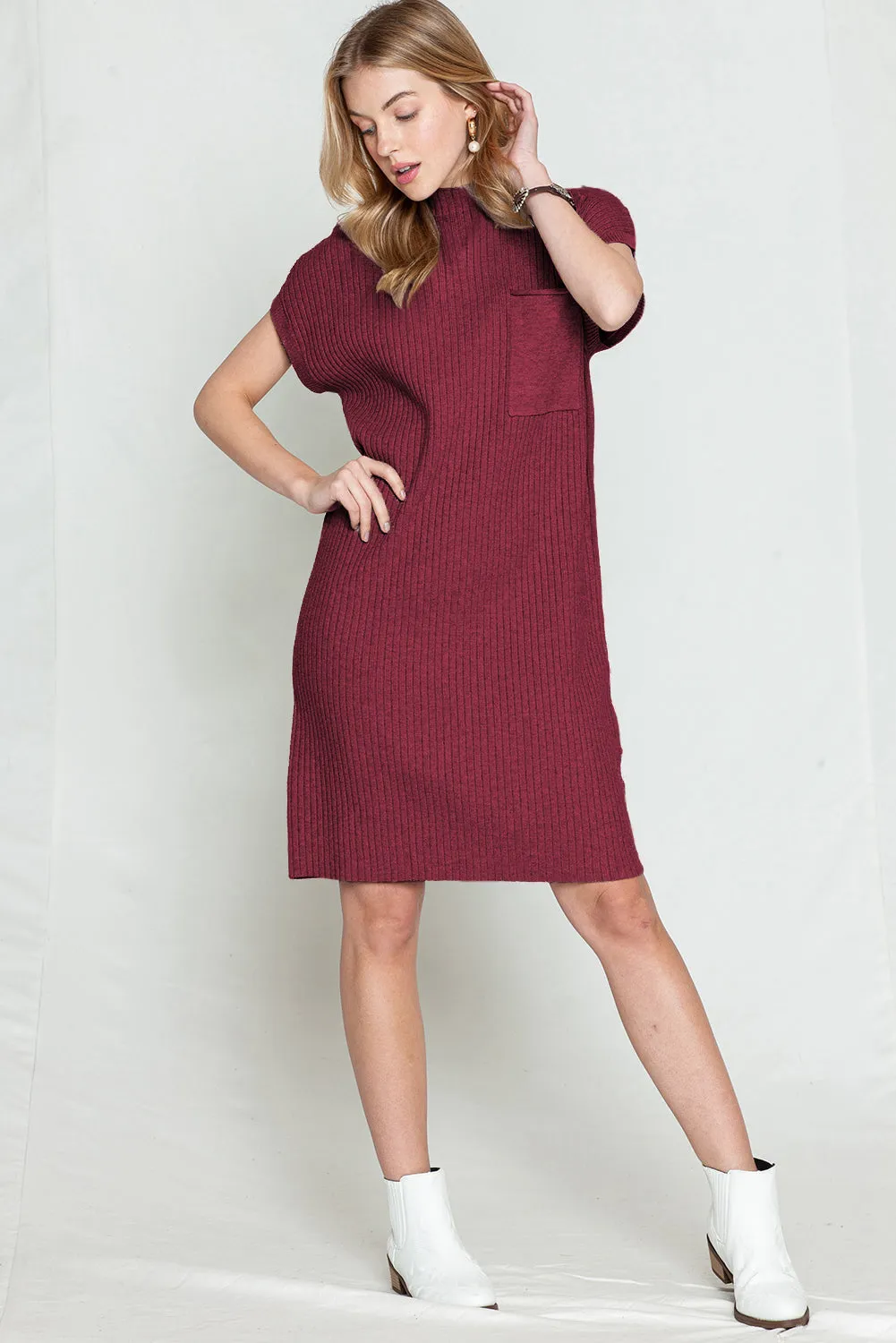 Taupe Patch Pocket Ribbed Knit Short Sleeve Sweater Dress