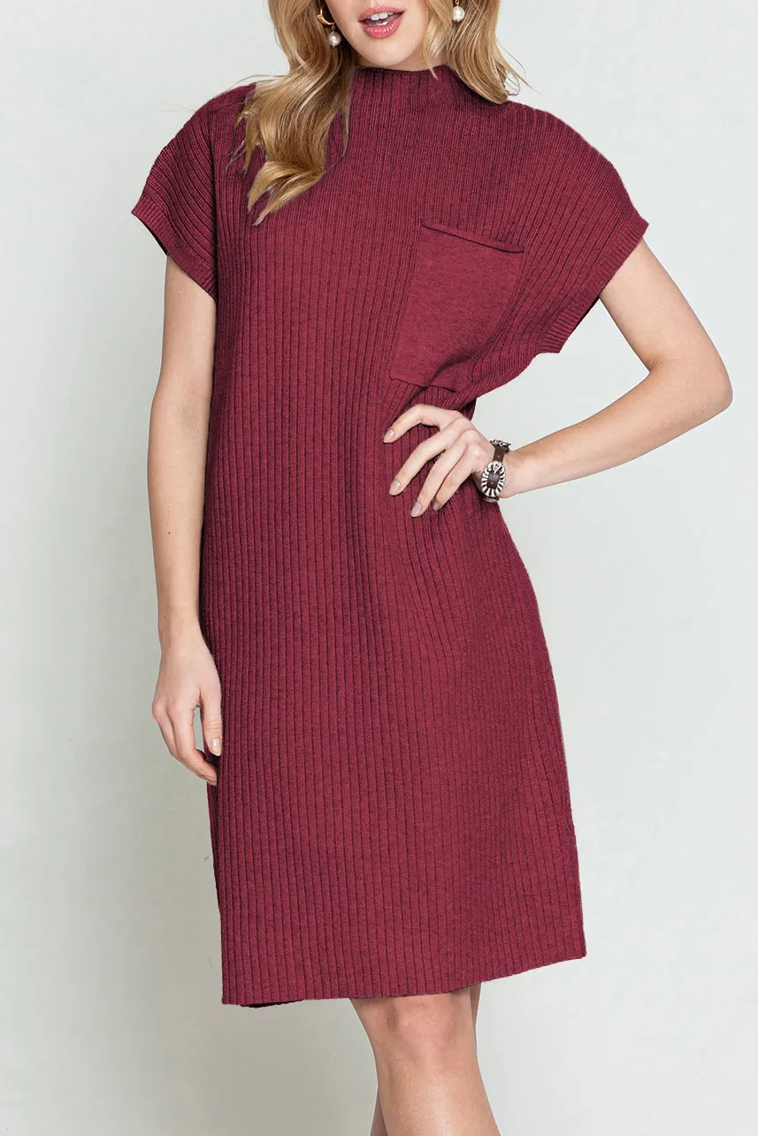 Taupe Patch Pocket Ribbed Knit Short Sleeve Sweater Dress