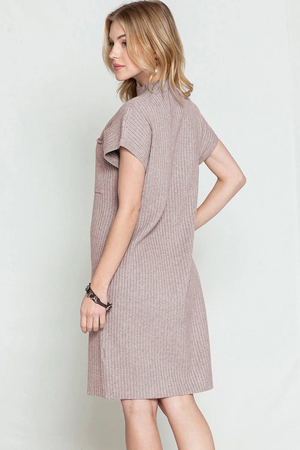 Taupe Patch Pocket Ribbed Knit Short Sleeve Sweater Dress