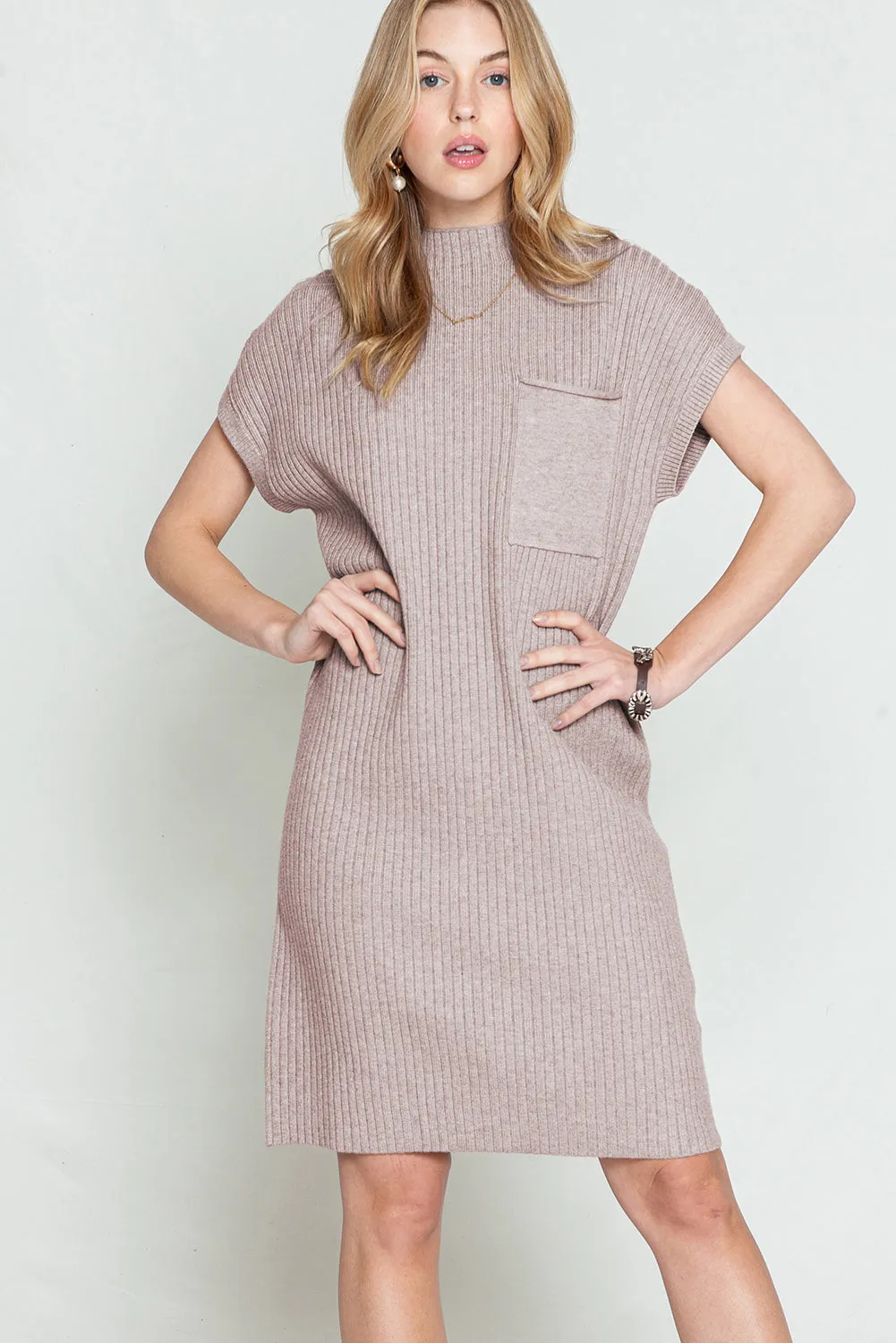 Taupe Patch Pocket Ribbed Knit Short Sleeve Sweater Dress