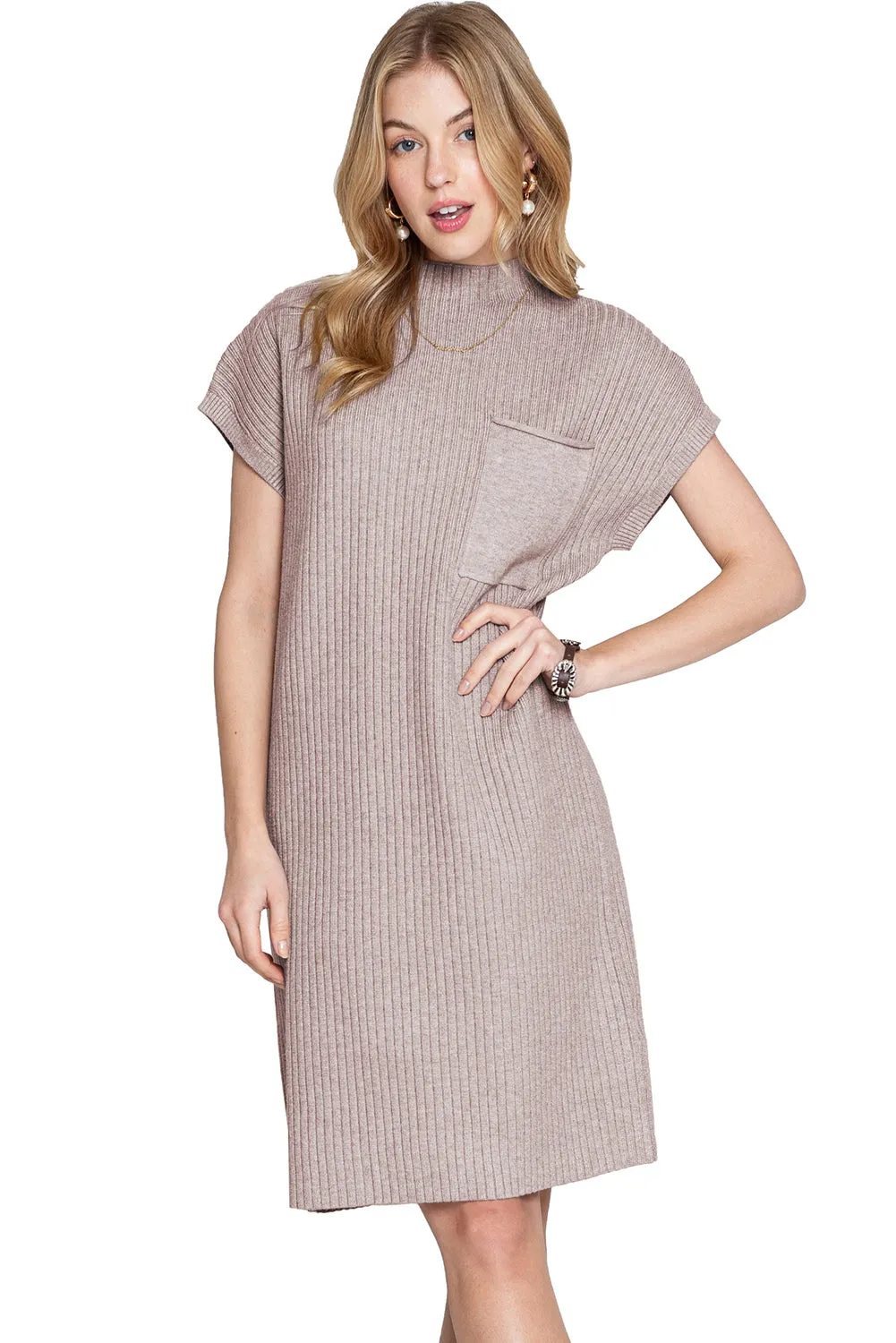 Taupe Patch Pocket Ribbed Knit Short Sleeve Sweater Dress