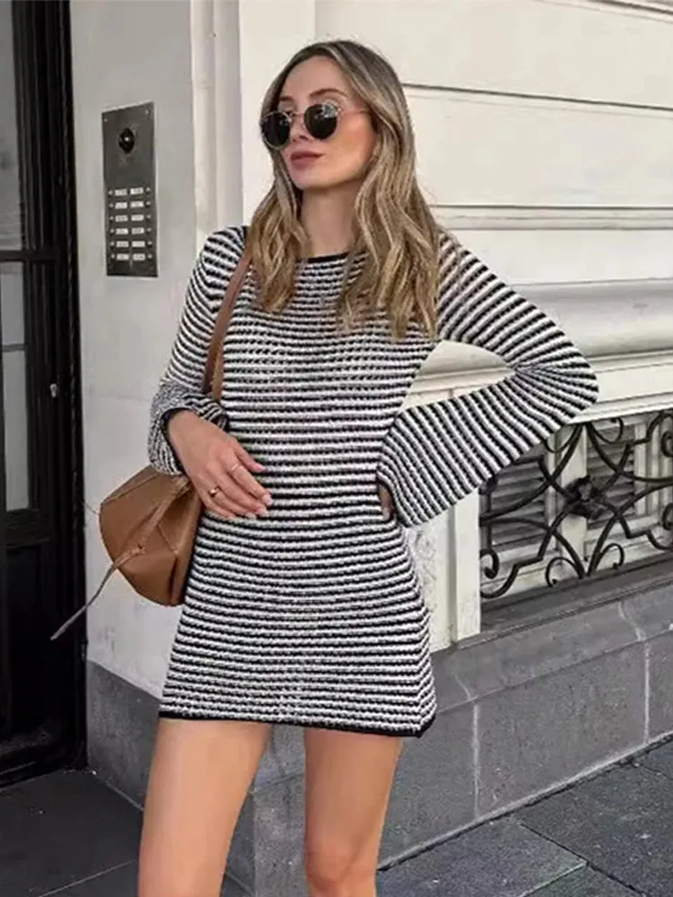 TAVIMART  -  Elegant Striped Knit Short Dress Women Slim O Neck Long Sleeves Mini Dresses Female Causal Autumn New Lady Beach Vestidos