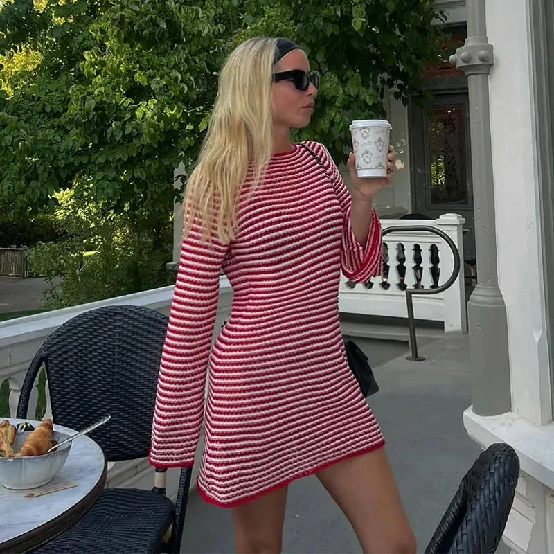 TAVIMART  -  Elegant Striped Knit Short Dress Women Slim O Neck Long Sleeves Mini Dresses Female Causal Autumn New Lady Beach Vestidos