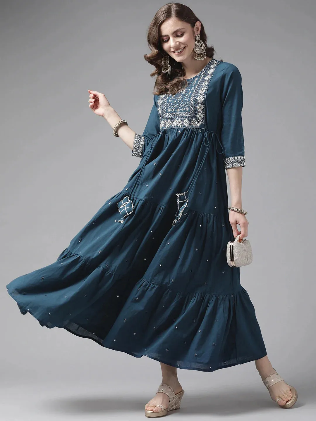 Teal Ethnic Motifs Cotton Dress