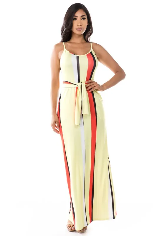 TEEK - YELLOW MULTICOLOR DOWN  STRIPE BELTED POCKETED MAXI DRESS