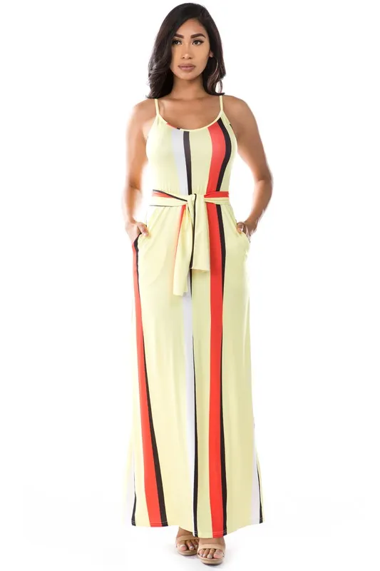 TEEK - YELLOW MULTICOLOR DOWN  STRIPE BELTED POCKETED MAXI DRESS