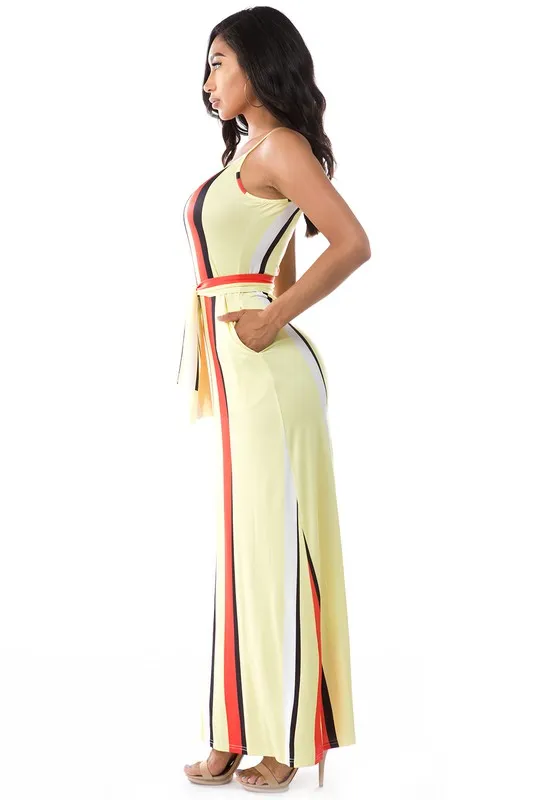 TEEK - YELLOW MULTICOLOR DOWN  STRIPE BELTED POCKETED MAXI DRESS