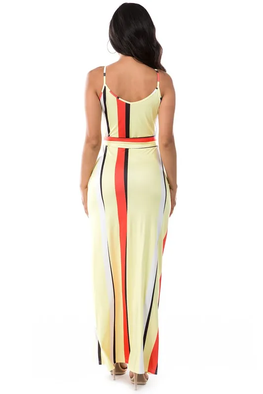 TEEK - YELLOW MULTICOLOR DOWN  STRIPE BELTED POCKETED MAXI DRESS