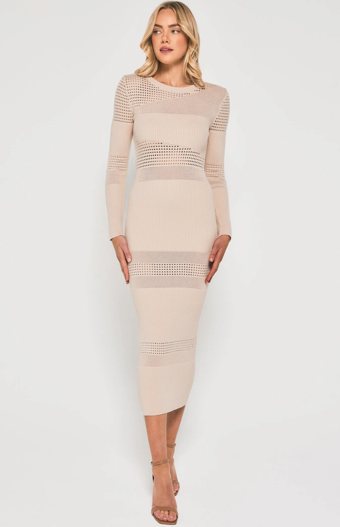 Textured Contrast Panel Knit Midi Dress