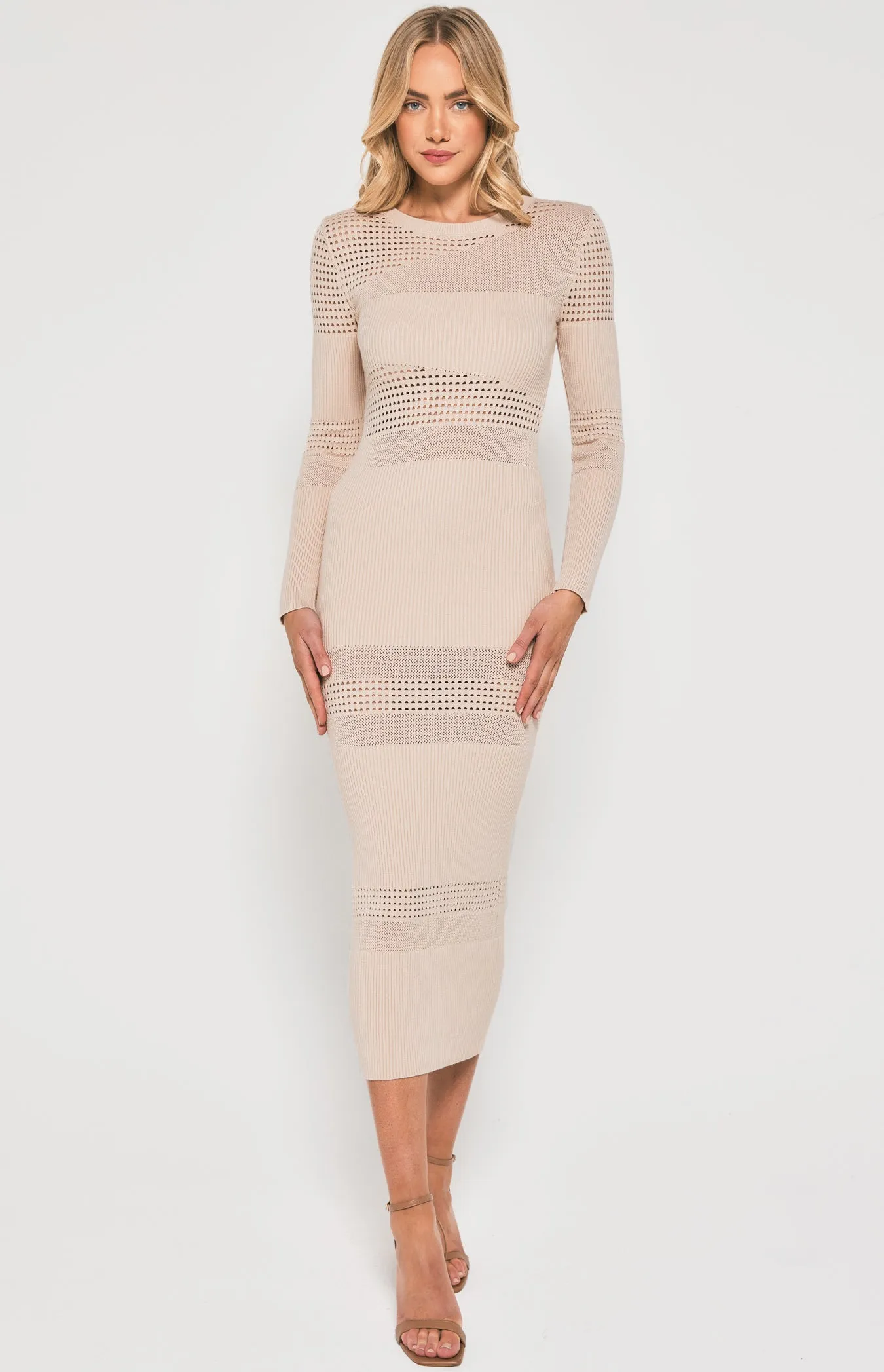 Textured Contrast Panel Knit Midi Dress