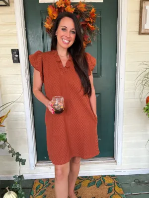 Textured Short-Sleeve Dress- Rust