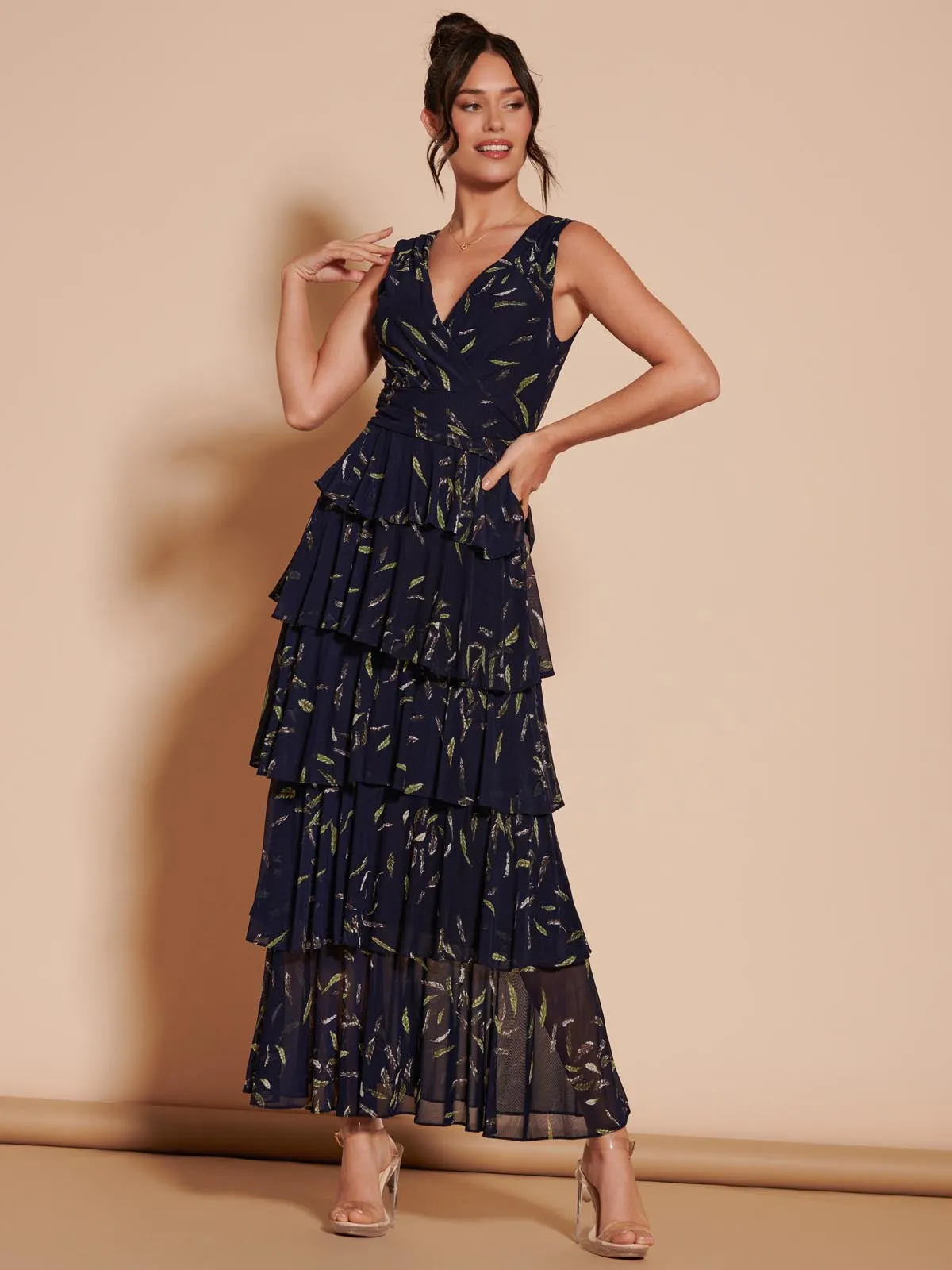 Tiered Hem Mesh Maxi Dress, Navy Multi