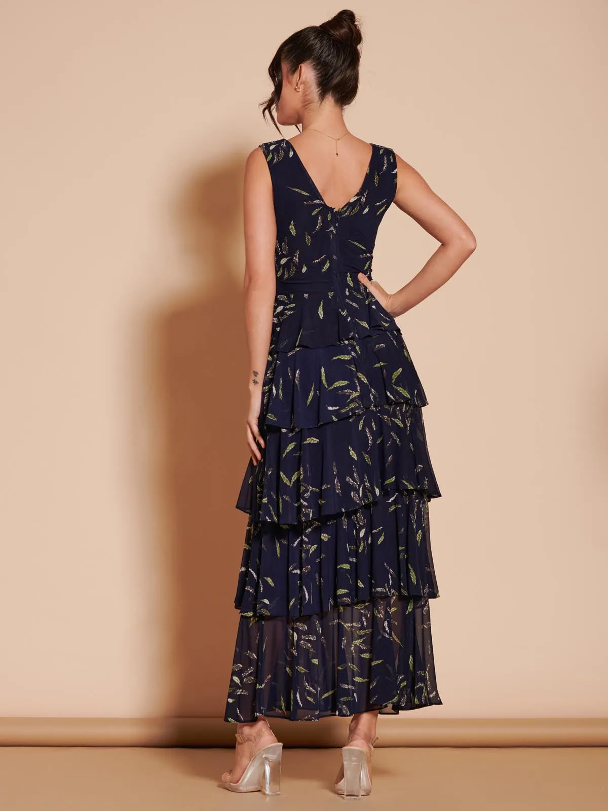 Tiered Hem Mesh Maxi Dress, Navy Multi