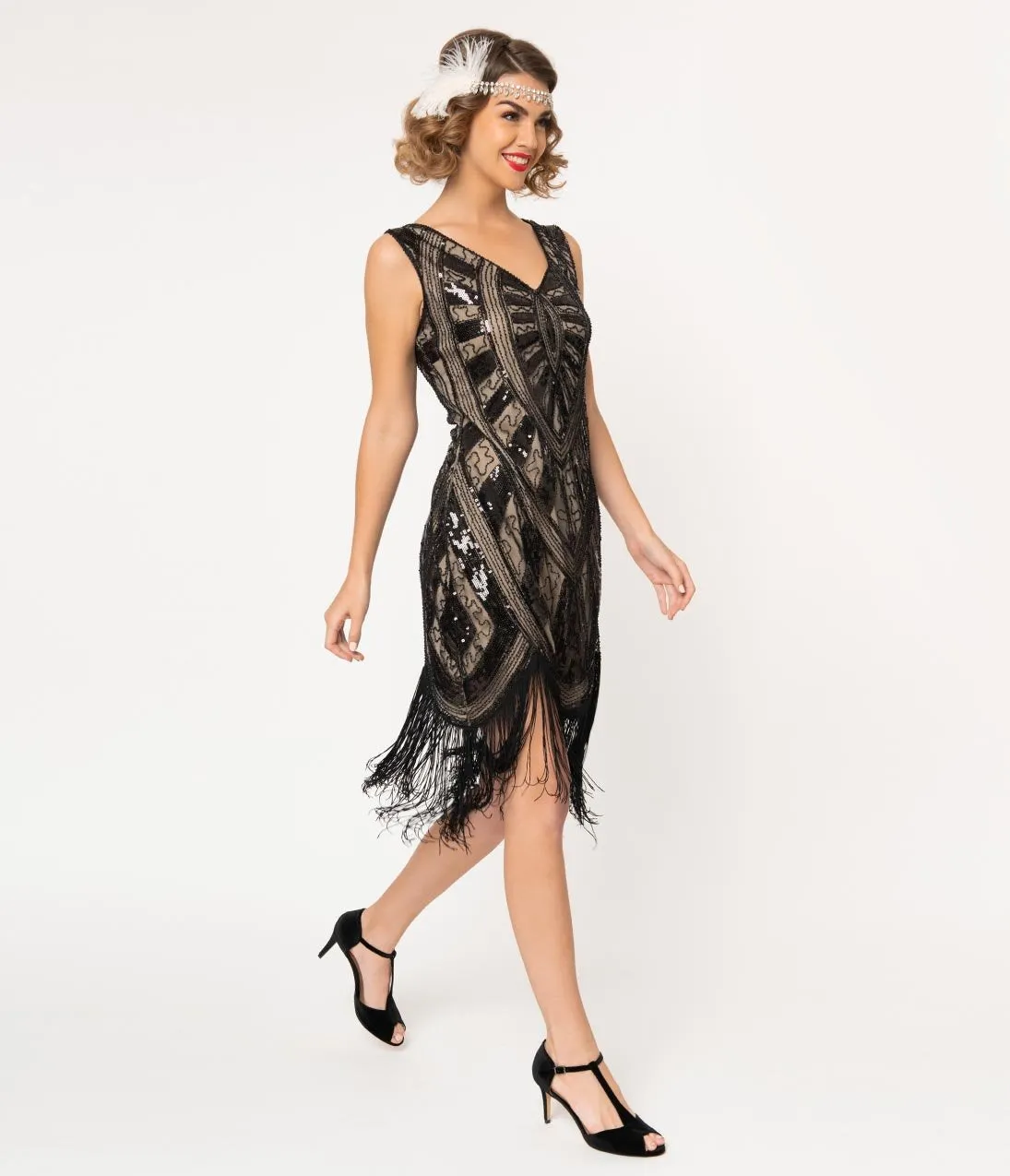 Unique Vintage 1920s Black & Beige Beaded Fringe Magdeleine Flapper Dress